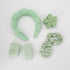 6pcs Hairband Set Green featuring a scalloped headband, flower-shaped clip, two satin scrunchies, and two plush scrunchies on a white surface.