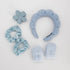 6pcs Hairband Set Blue featuring a plush scalloped headband, flower-shaped clip, two satin scrunchies, and two plush scrunchies for stylish elegance.