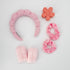6pcs Hairband Set Pink featuring a plush scalloped headband, flower-shaped hair clip, two satin scrunchies, and two plush scrunchies on a white surface.