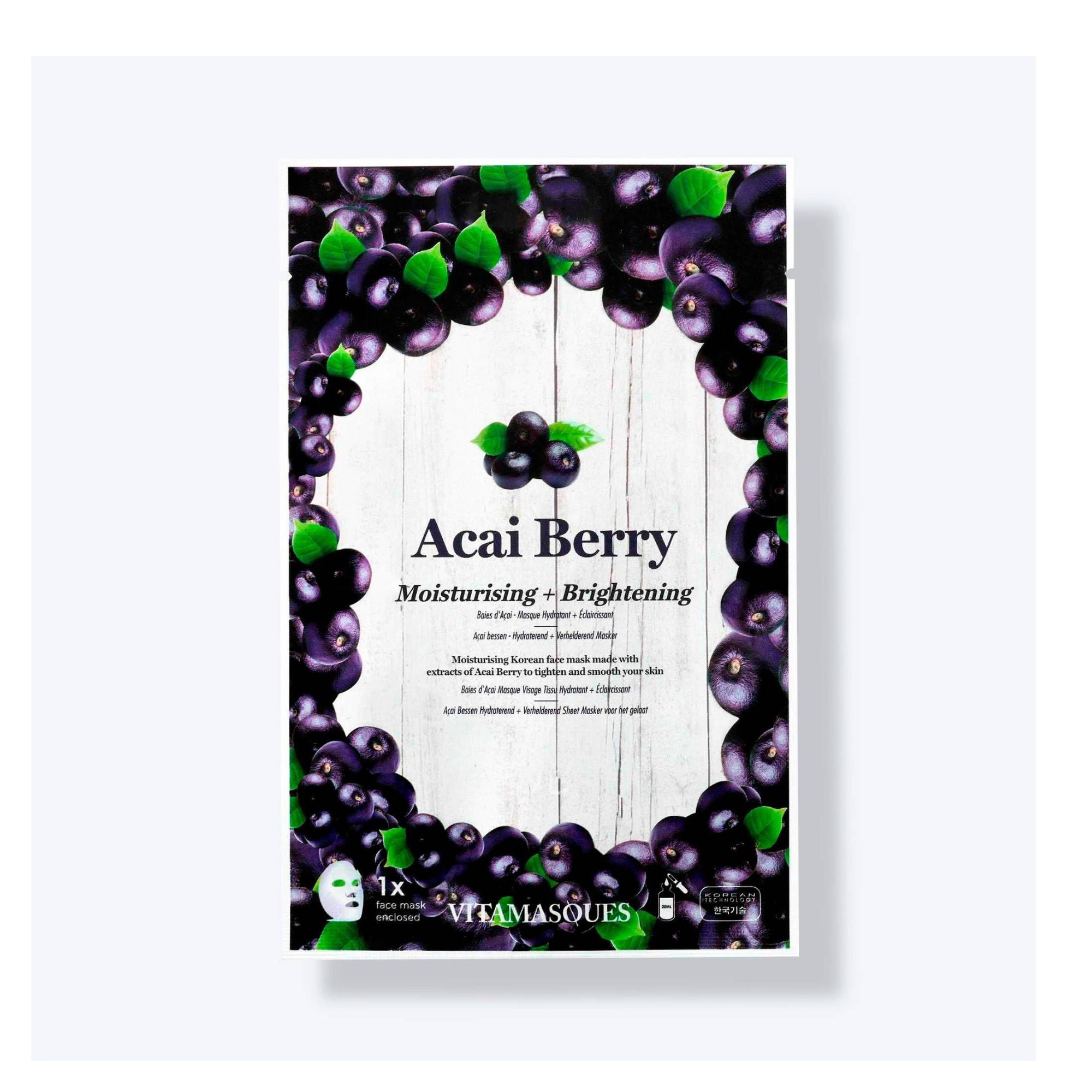 Acia Berry Korean Face Mask featuring green-eyed design, enriched with acai berry extract for brightening and moisturizing benefits, enhancing skin&
