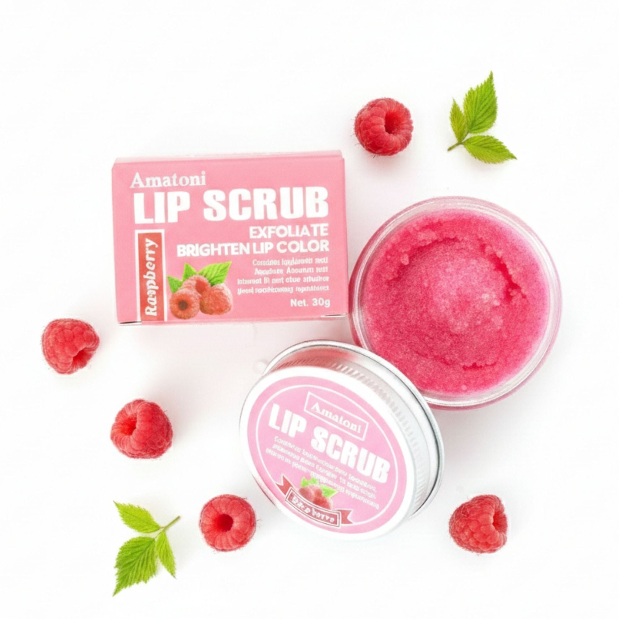Raspberry Lip Scrub in a jar, showcasing a pink lip balm designed to exfoliate and hydrate, perfect for soft, smooth lips with a sweet raspberry scent.