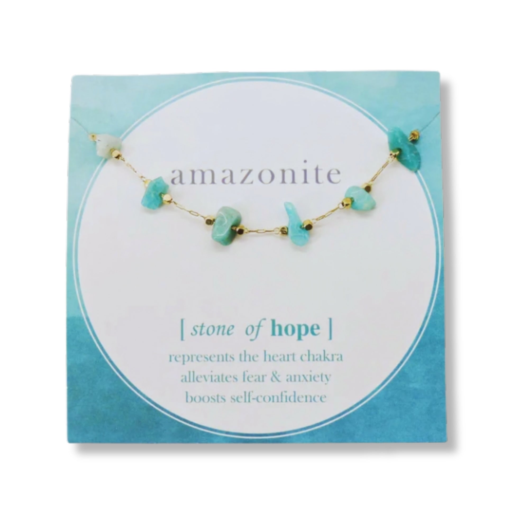 Close-up of the Amazonite Stone of Hope Bracelet, showcasing raw amazonite chips on a delicate gold-tone chain, reflecting its calming and positive energy properties.