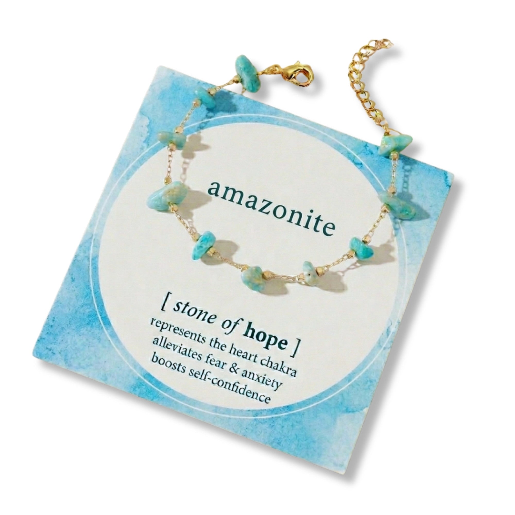 Close-up of the Amazonite Stone of Hope Bracelet, showcasing raw amazonite chips on a delicate gold-tone chain, reflecting its calming and positive energy properties.