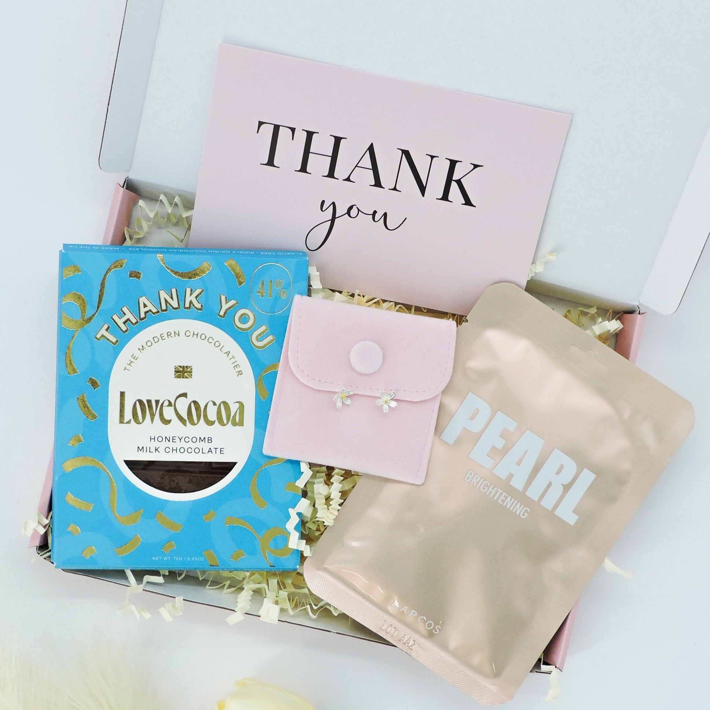 Appreciation in a Box – gift for your teacher with thank-you chocolate, pearl mask, and floral earrings