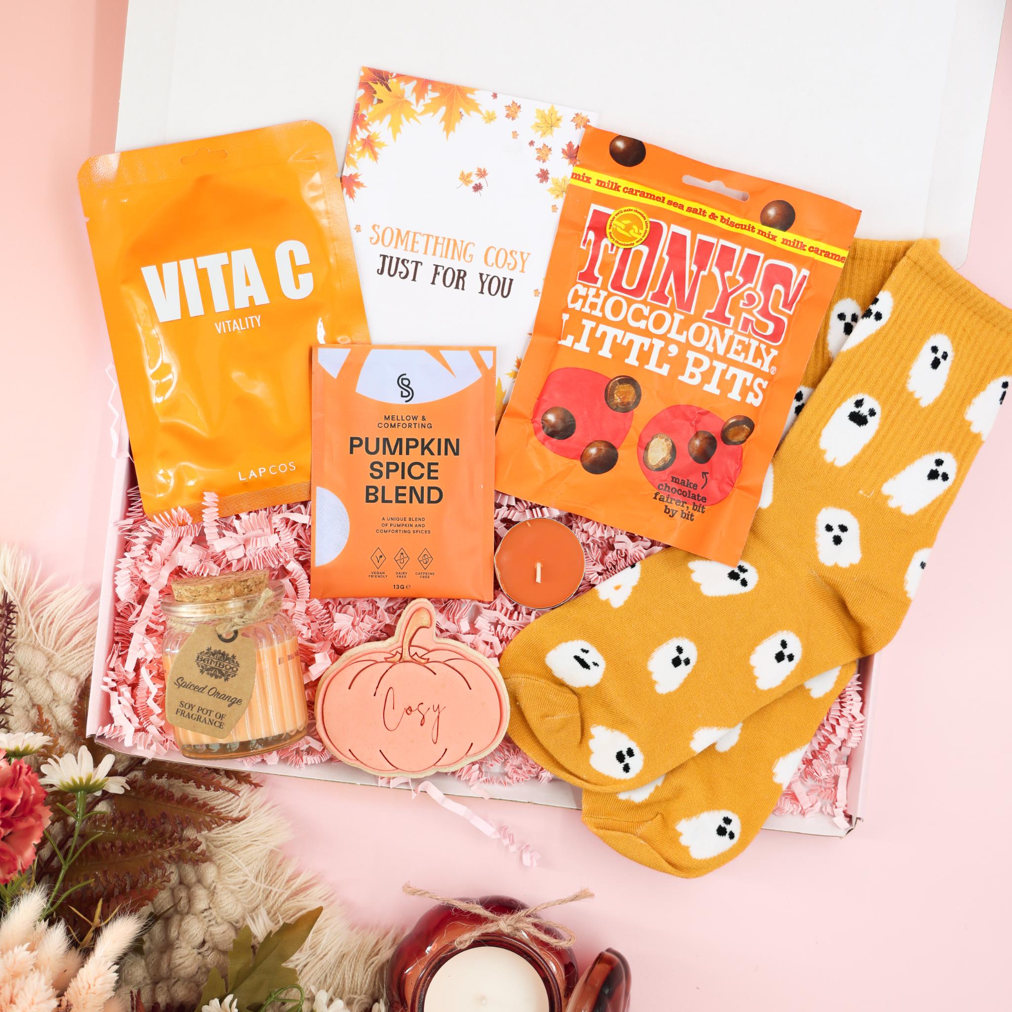 Autumn gifts pumpkin spice cosy treat box – seasonal gifts for her with socks and chocolate