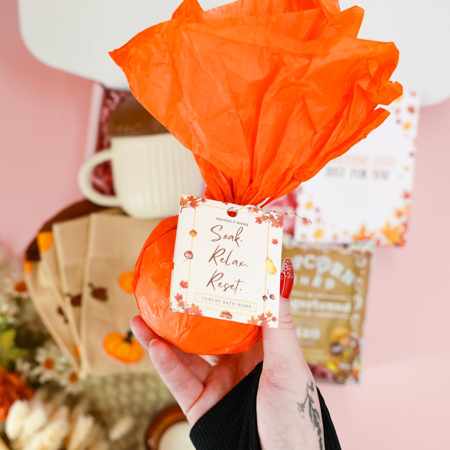 Autumn gifts for her – seasonal pamper box with acorn mug and cosy autumn treats