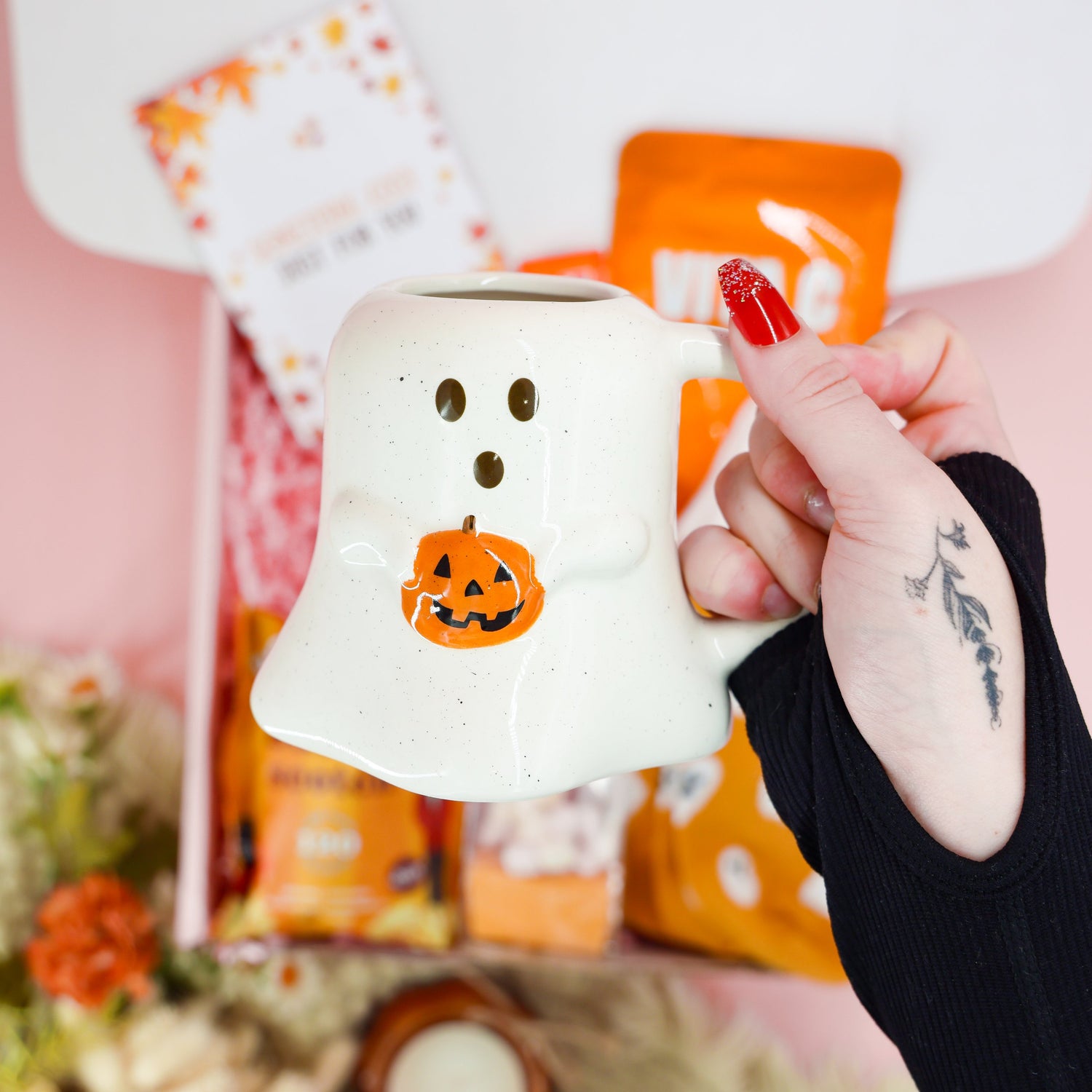 Autumn gifts for her – spooky pamper box with ghost bath bomb and seasonal treats