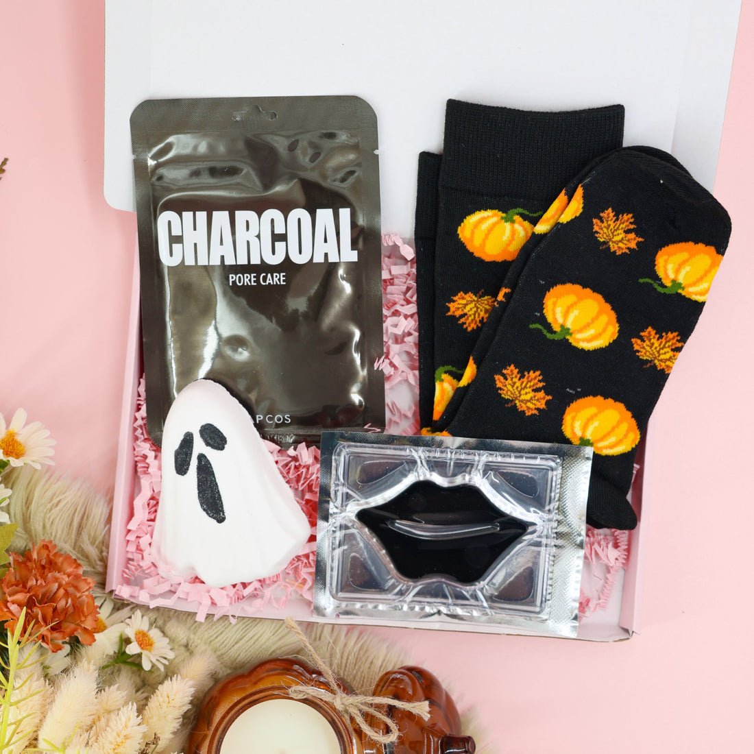 Autumn gifts for her – Spooky Autumn Box with pumpkin socks, ghost bath bomb, and skincare