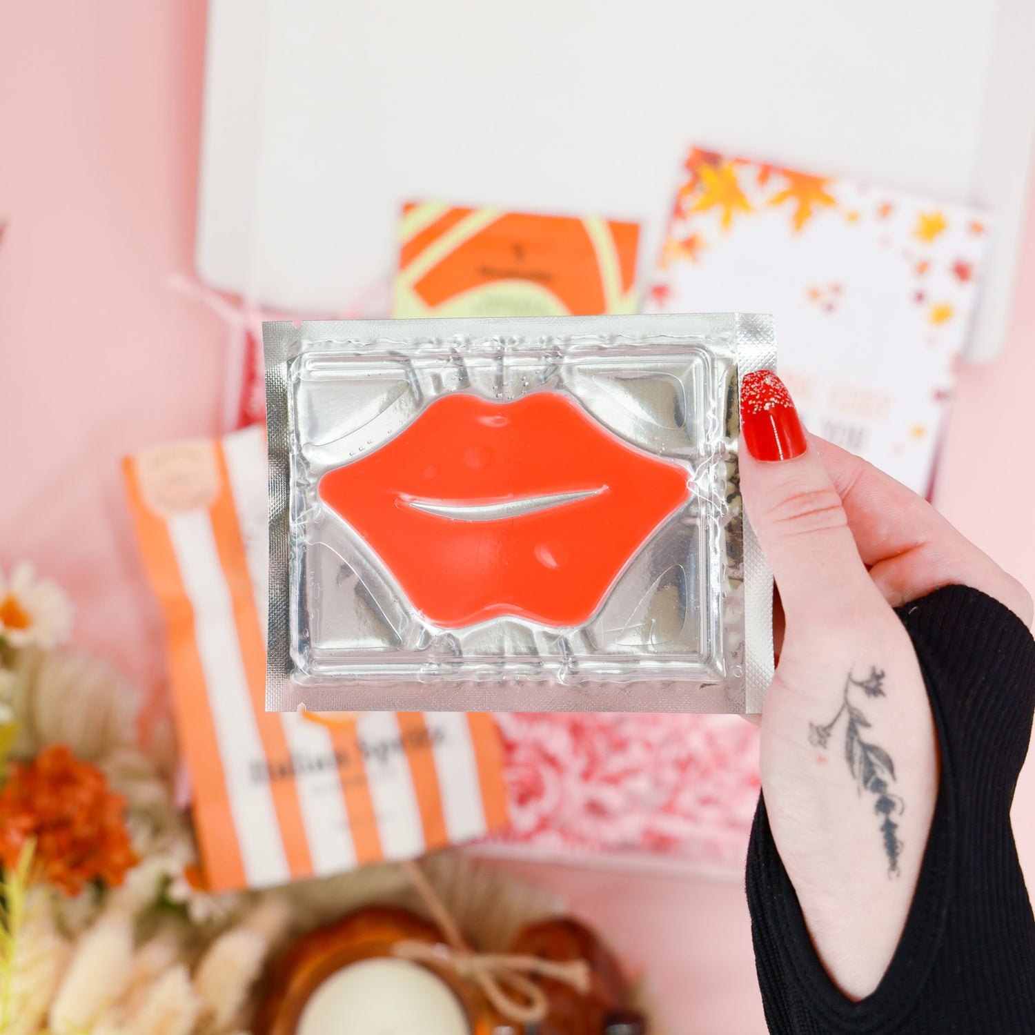 Autumn pamper hamper – sweet gummies, skincare lip mask, and warming chocolate drink