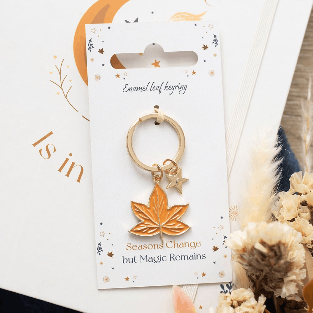 Autumn gifts for her – orange enamel Autumn Magic Leaf Keyring