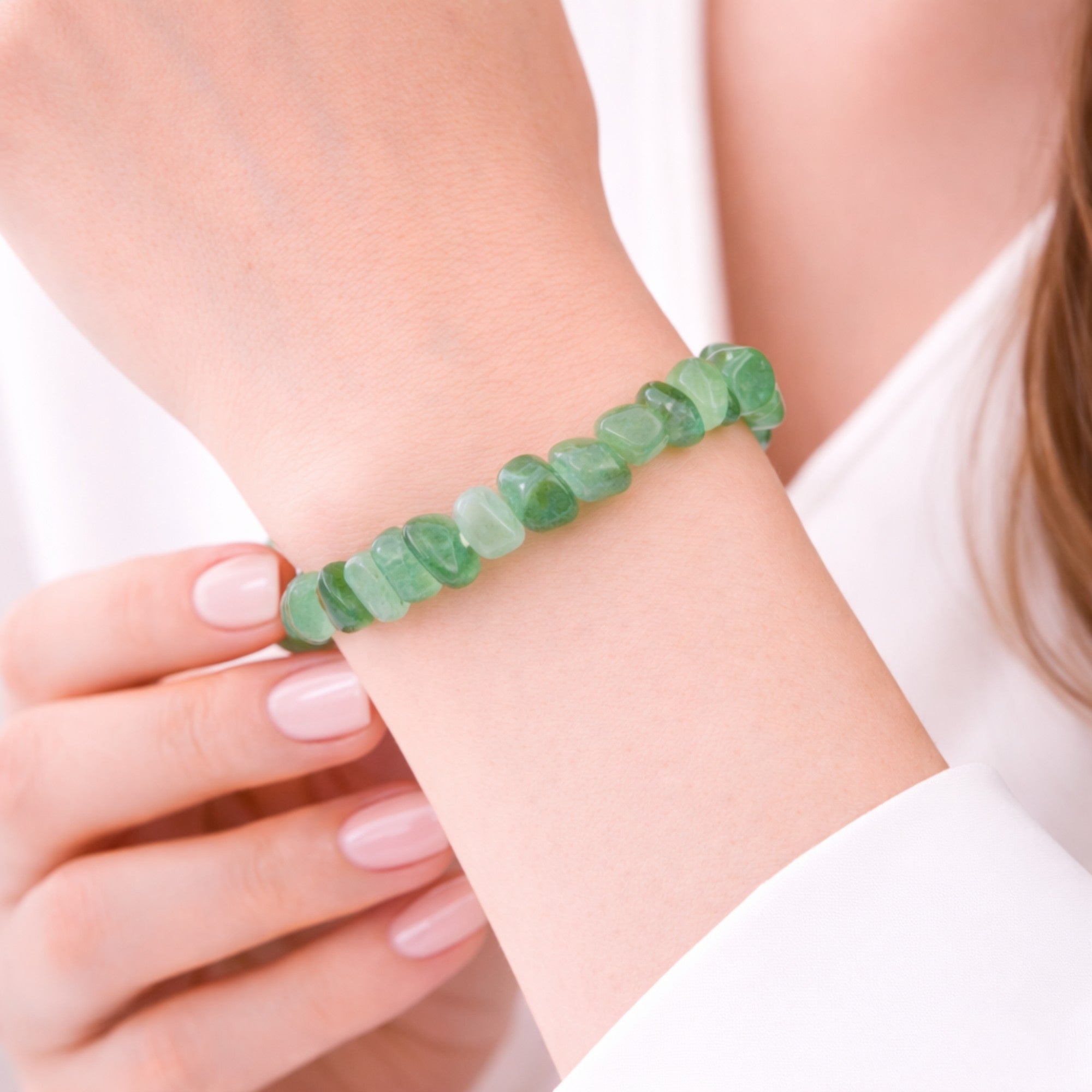 Green aventurine crystal chip bracelet worn on wrist, natural gemstone stretch bracelet for luck and positive energy, crystal jewellery gift for her