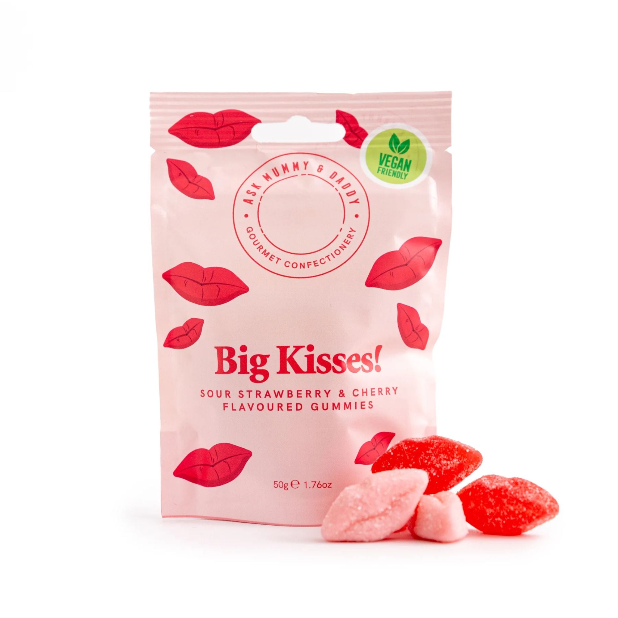 Big Kisses Gummies, lip-shaped, fizzy vegan treats, featuring cherry and strawberry flavors, perfect for Valentine&