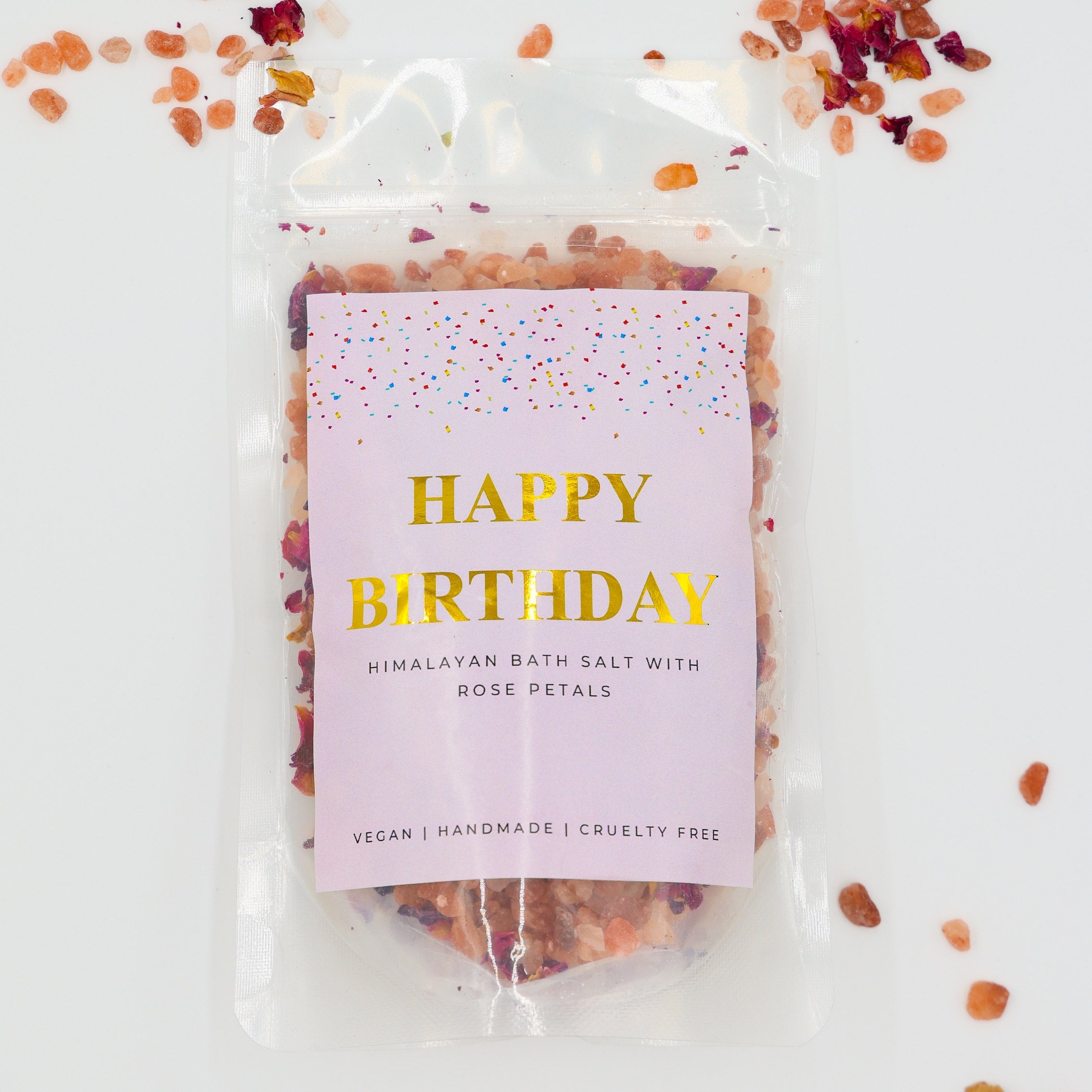 Birthday gift for her – Happy Birthday Himalayan Bath Salt with rose petals