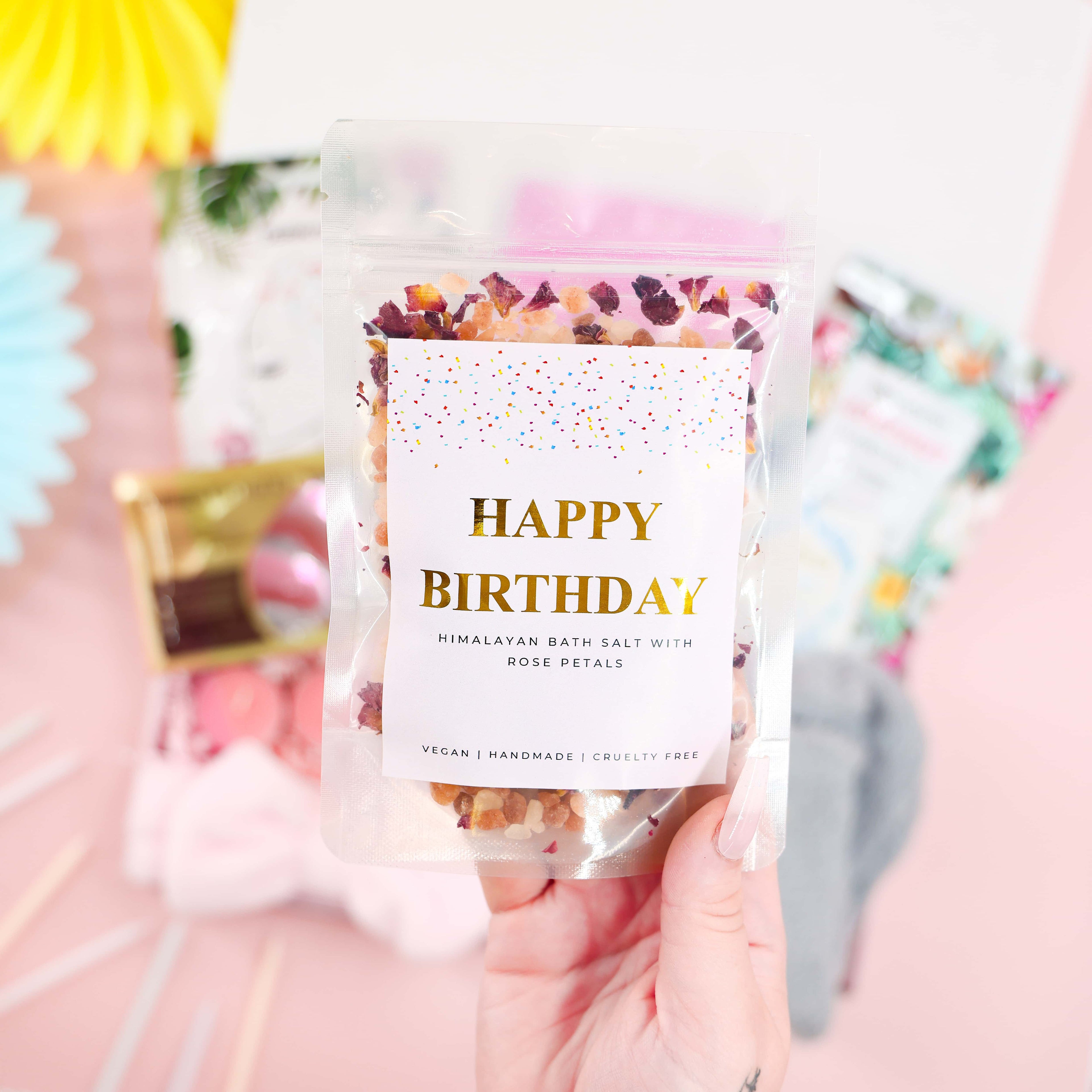 Happy Birthday Himalayan bath salts with rose petals – luxury pamper treat from the Birthday Spa Day in a Box gift set