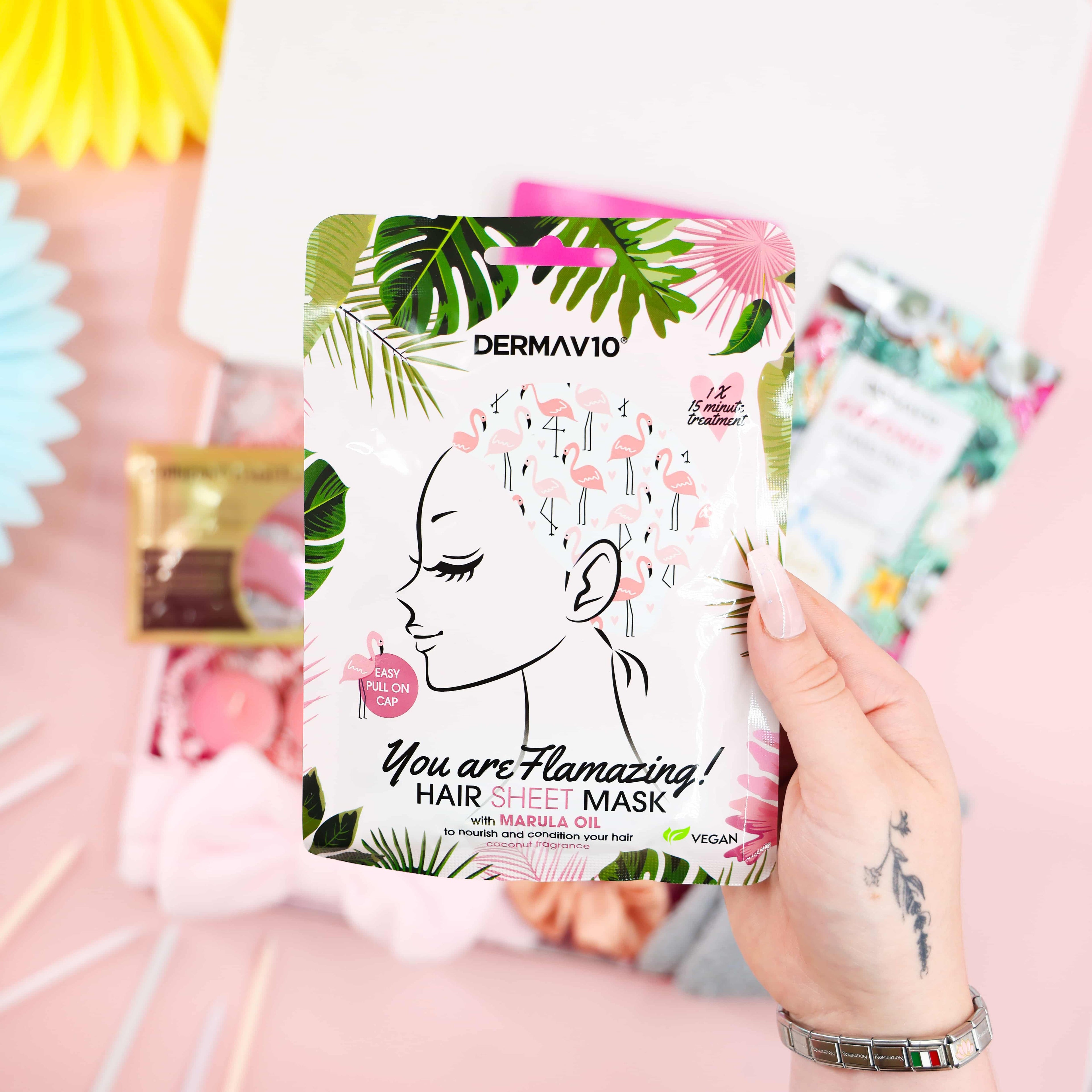 Flamingo-print marula oil hair mask from the Birthday Spa Day in a Box – nourishing self-care birthday gift for her