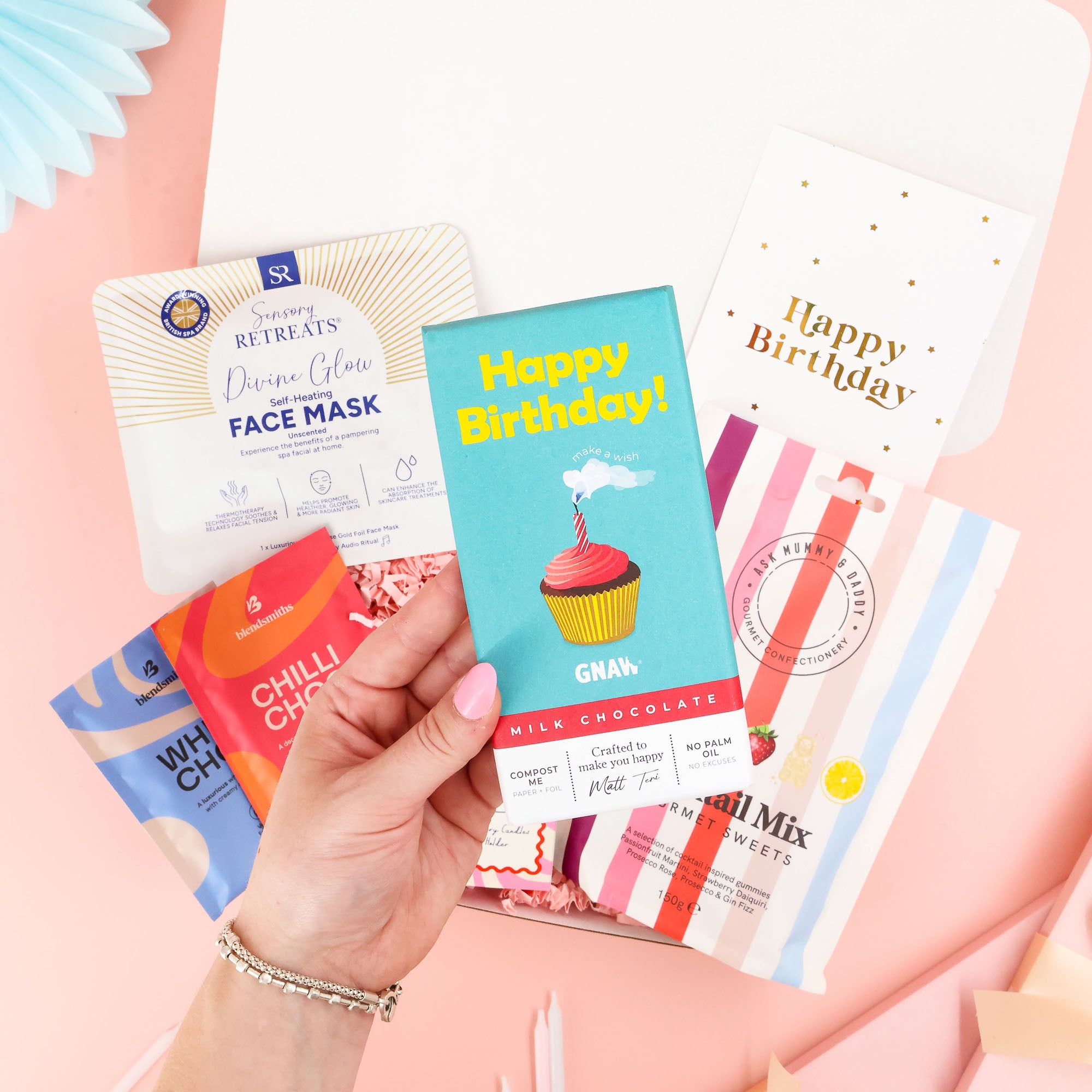 birthday gift box – colourful birthday hamper with chocolate and pamper gifts