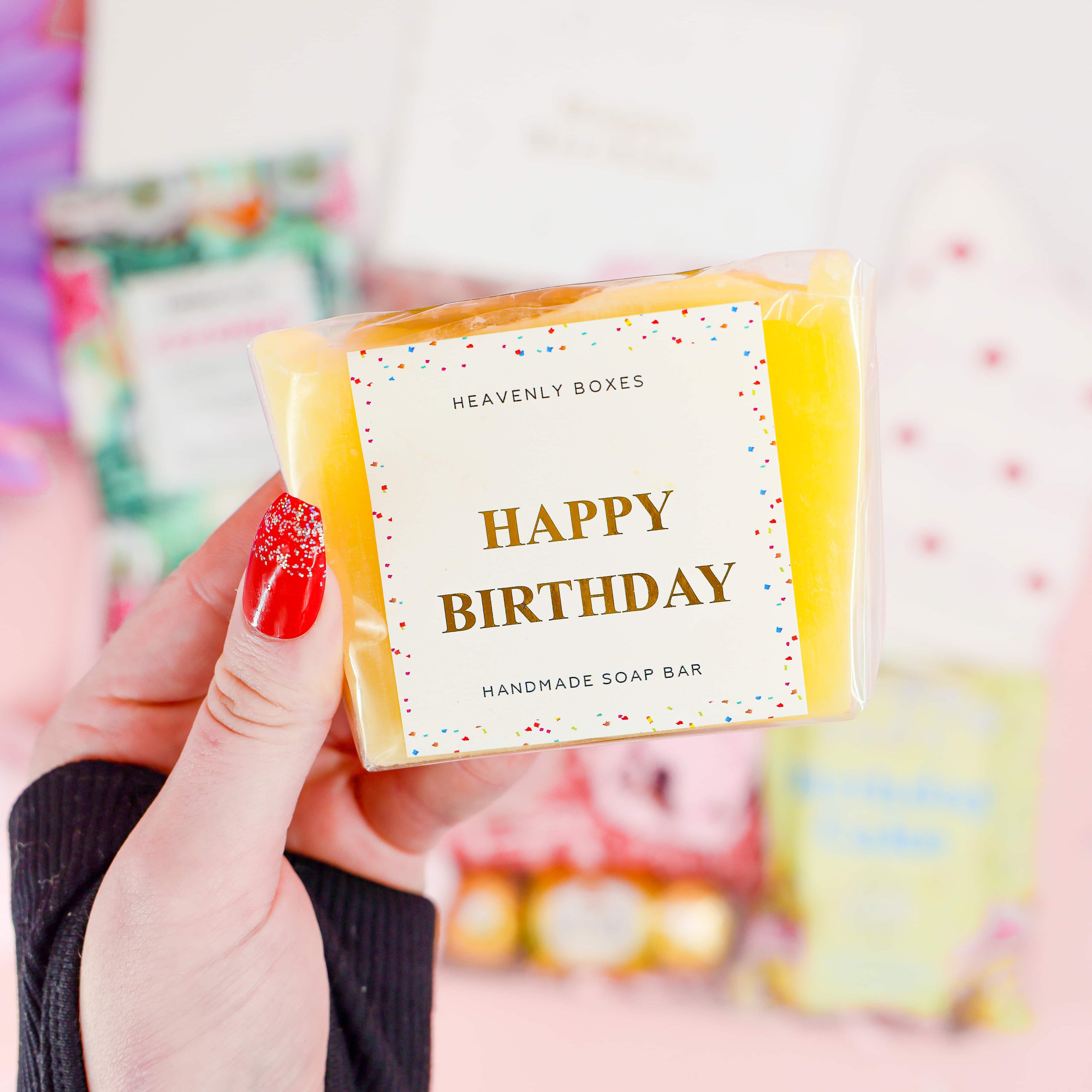 Handmade Happy Birthday soap bar in yellow with confetti design – luxury pamper gift from the Birthday Joy Box.