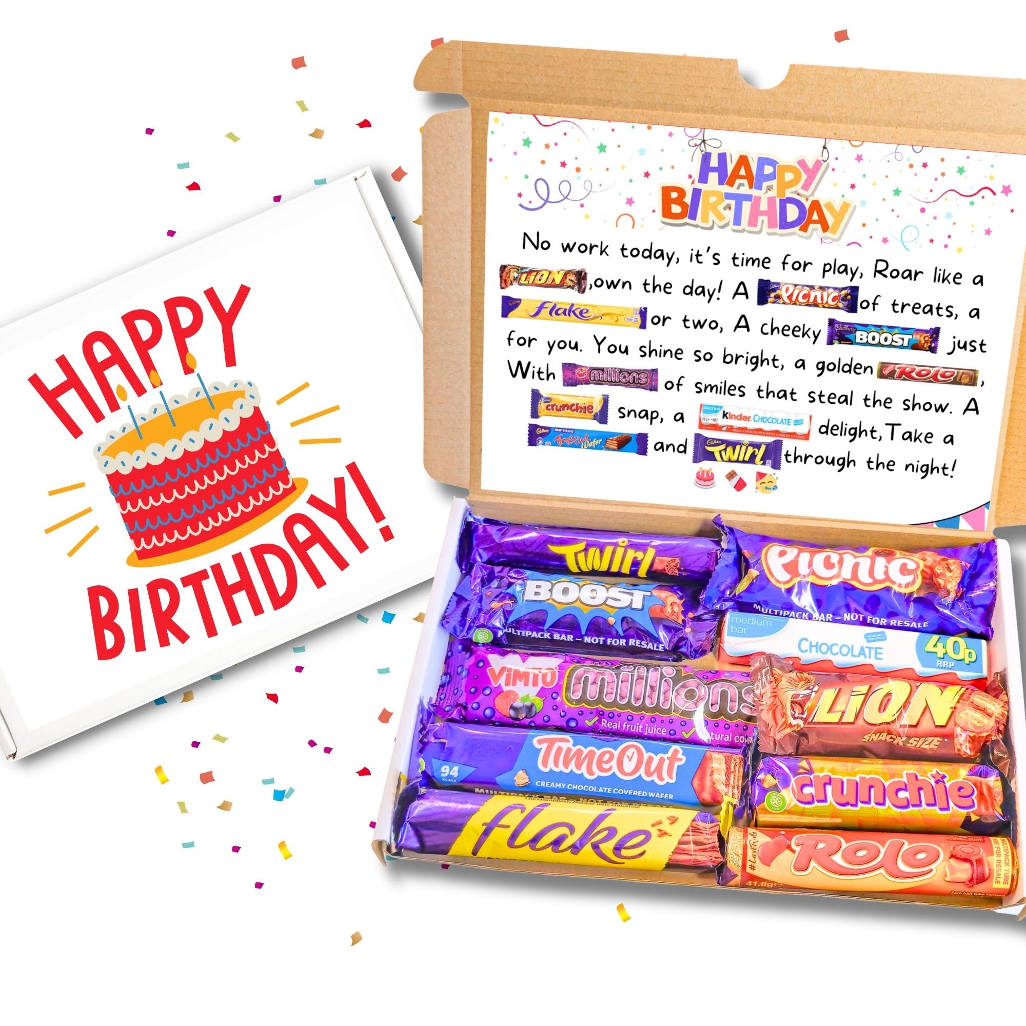 Birthday chocolate gift box with poem using chocolate bar names like Lion, Boost, and Rolo. Fun gift for adults and teens.