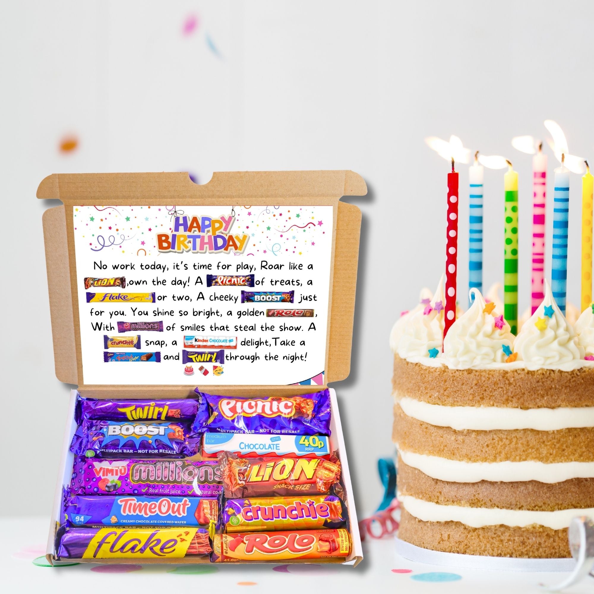 Birthday poem chocolate box next to a birthday cake with candles. Unique chocolate gift idea for him or her.