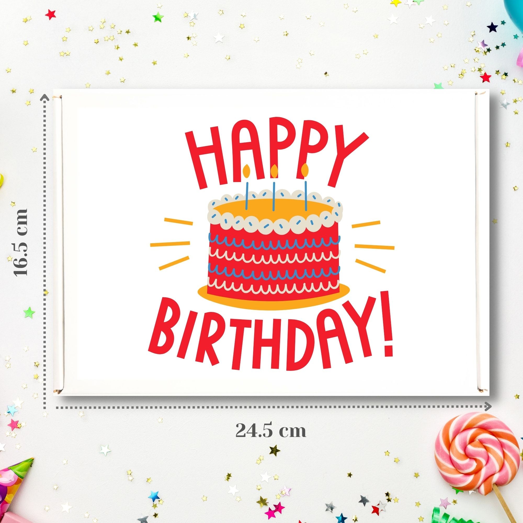 Closeup of Happy Birthday gift box showing cake design and dimensions. Ideal for letterbox-sized chocolate gift delivery.