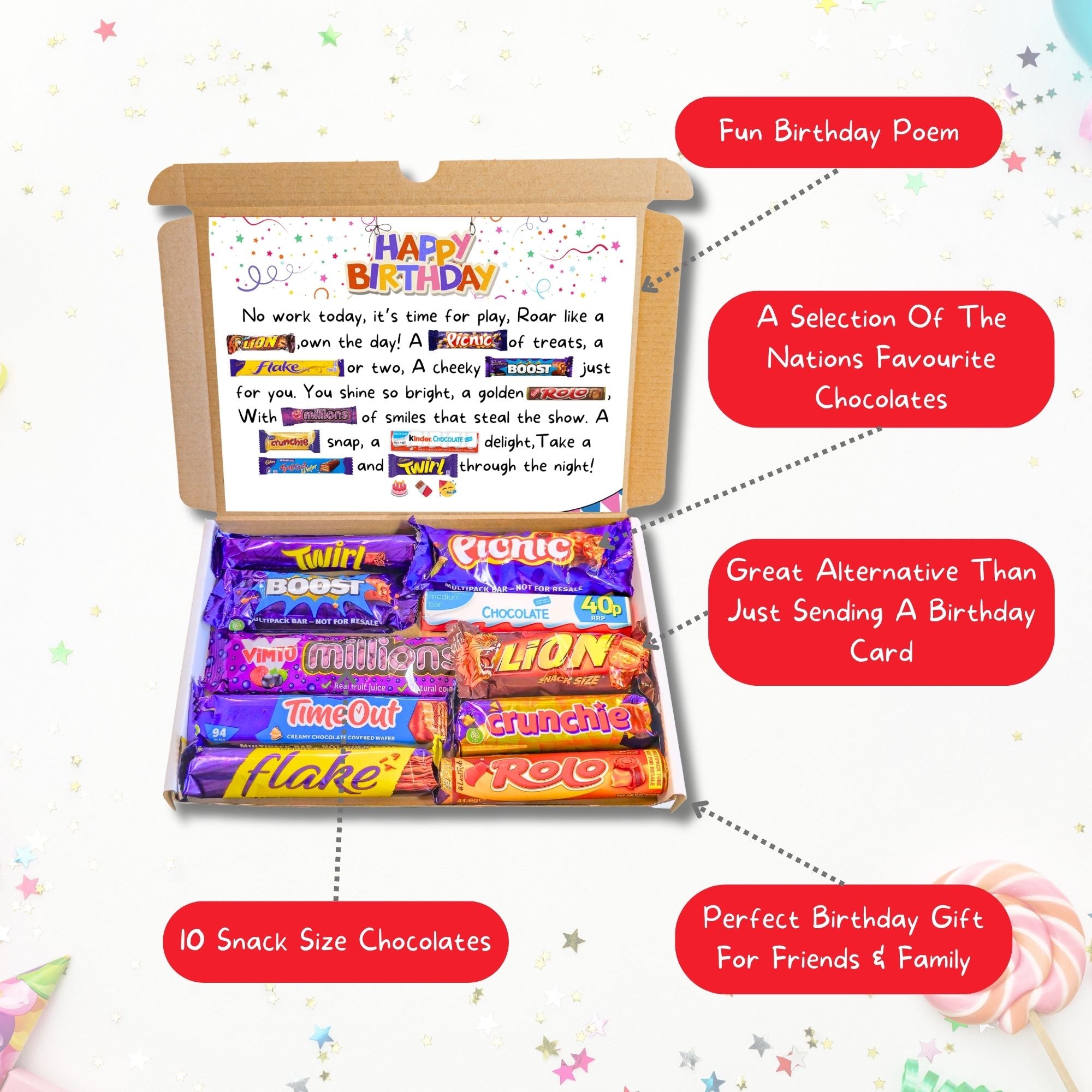 Fun birthday chocolate box with poem, featuring 10 UK favourite chocolates. Perfect gift alternative to a birthday card.