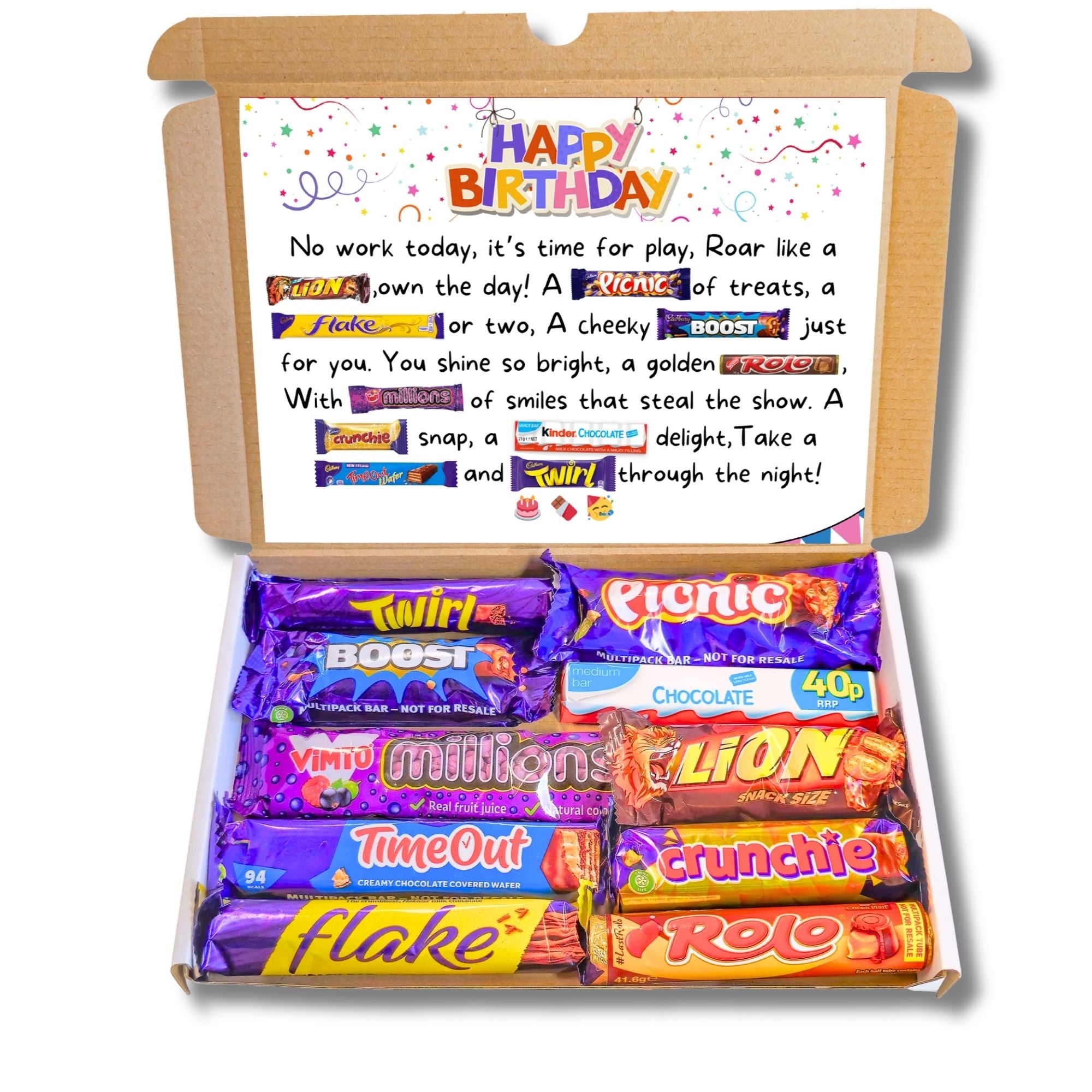 Open chocolate gift box with colourful birthday poem using brands like Twirl, Boost, Kinder. Great birthday gift for all ages.