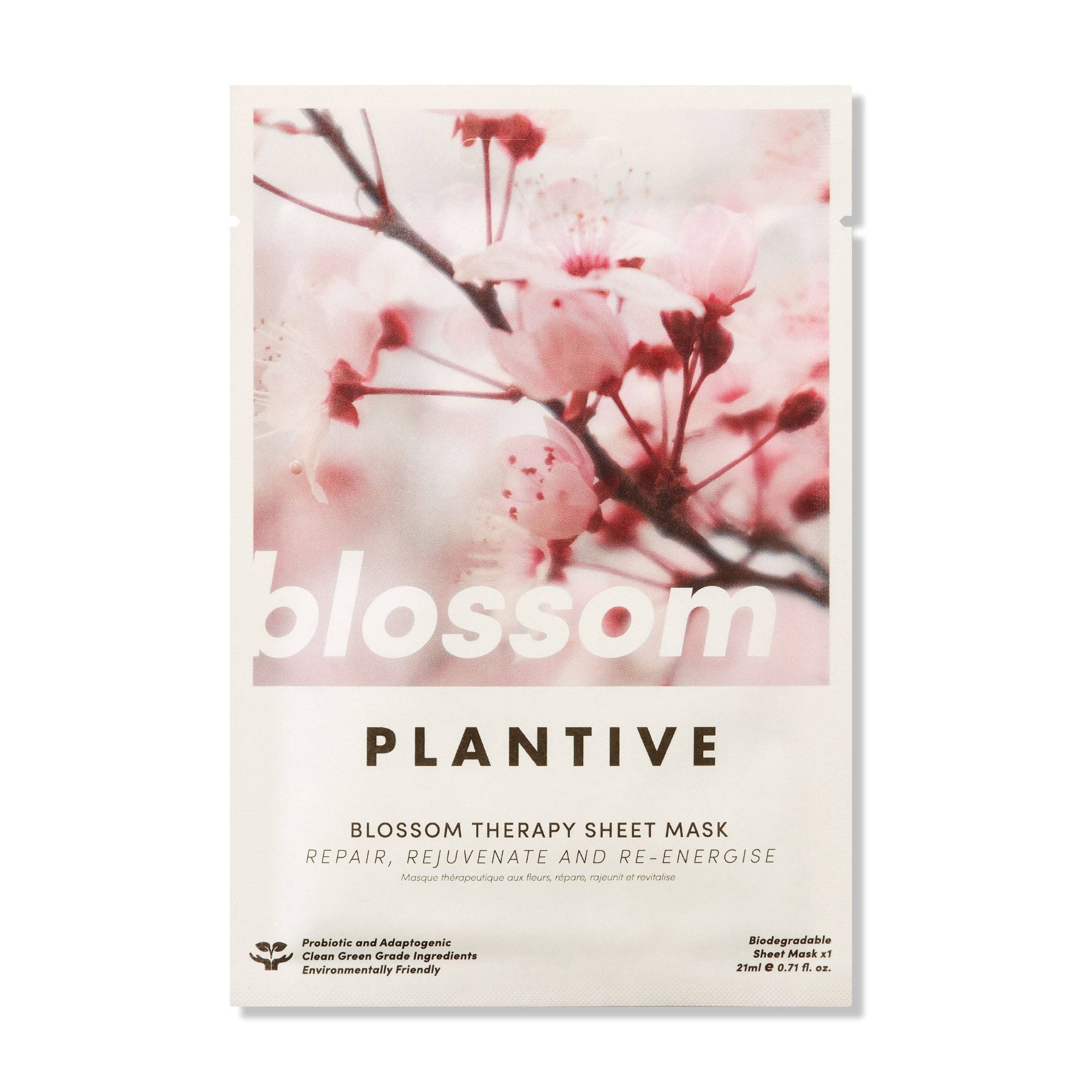 Blossom Therapy Korean Mask with cherry blossom and hibiscus, featuring a close-up of flowers, emphasizes rejuvenating, eco-friendly, biodegradable skincare with probiotics and adaptogenic herbs.