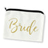Bride Cosmetic Bag featuring elegant gold Bride text, perfect for holding essentials. Close-up of zipper and chic design make it ideal for bridal gifts.