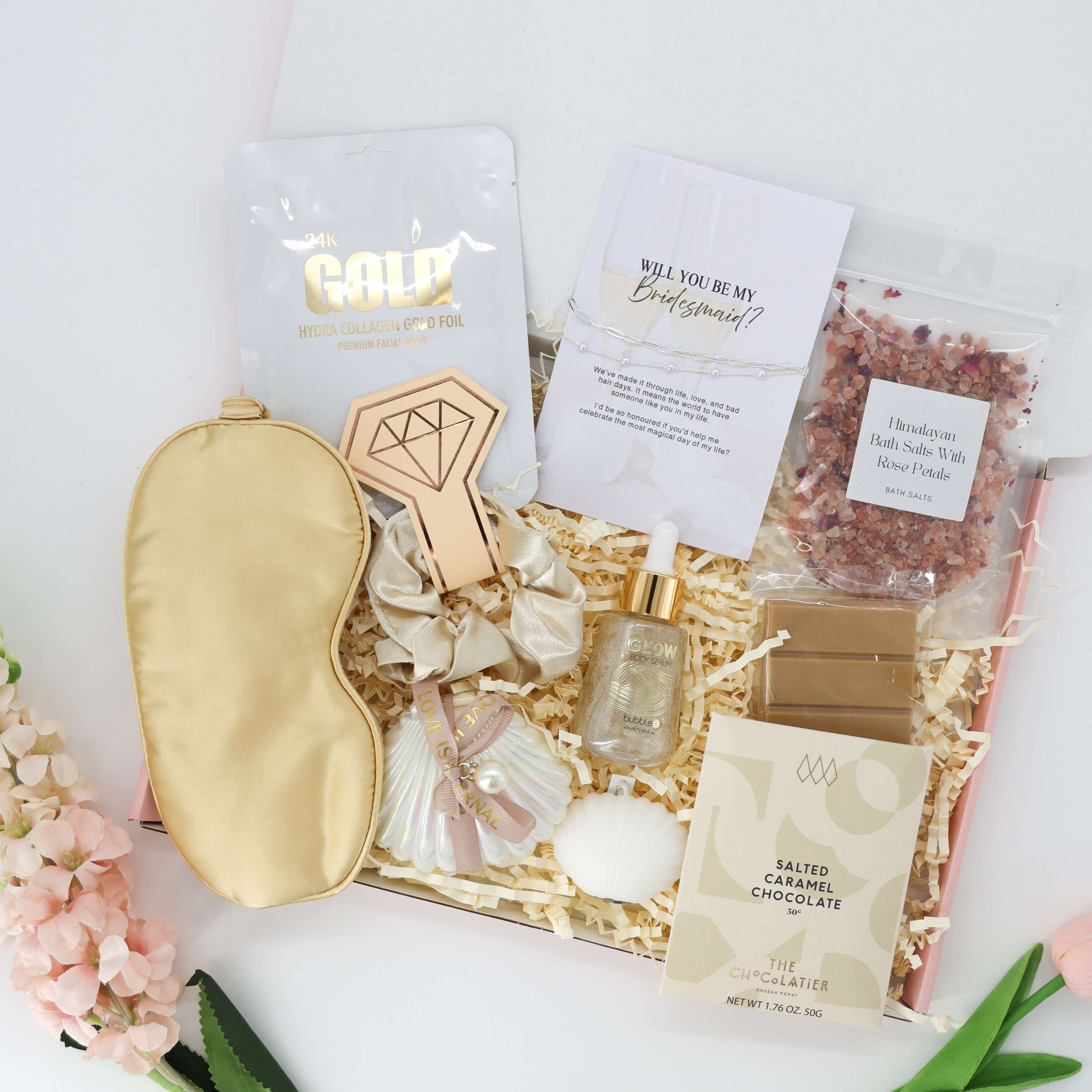 Elegant bridesmaid gift – bracelet, gold scrunchie and shell candle