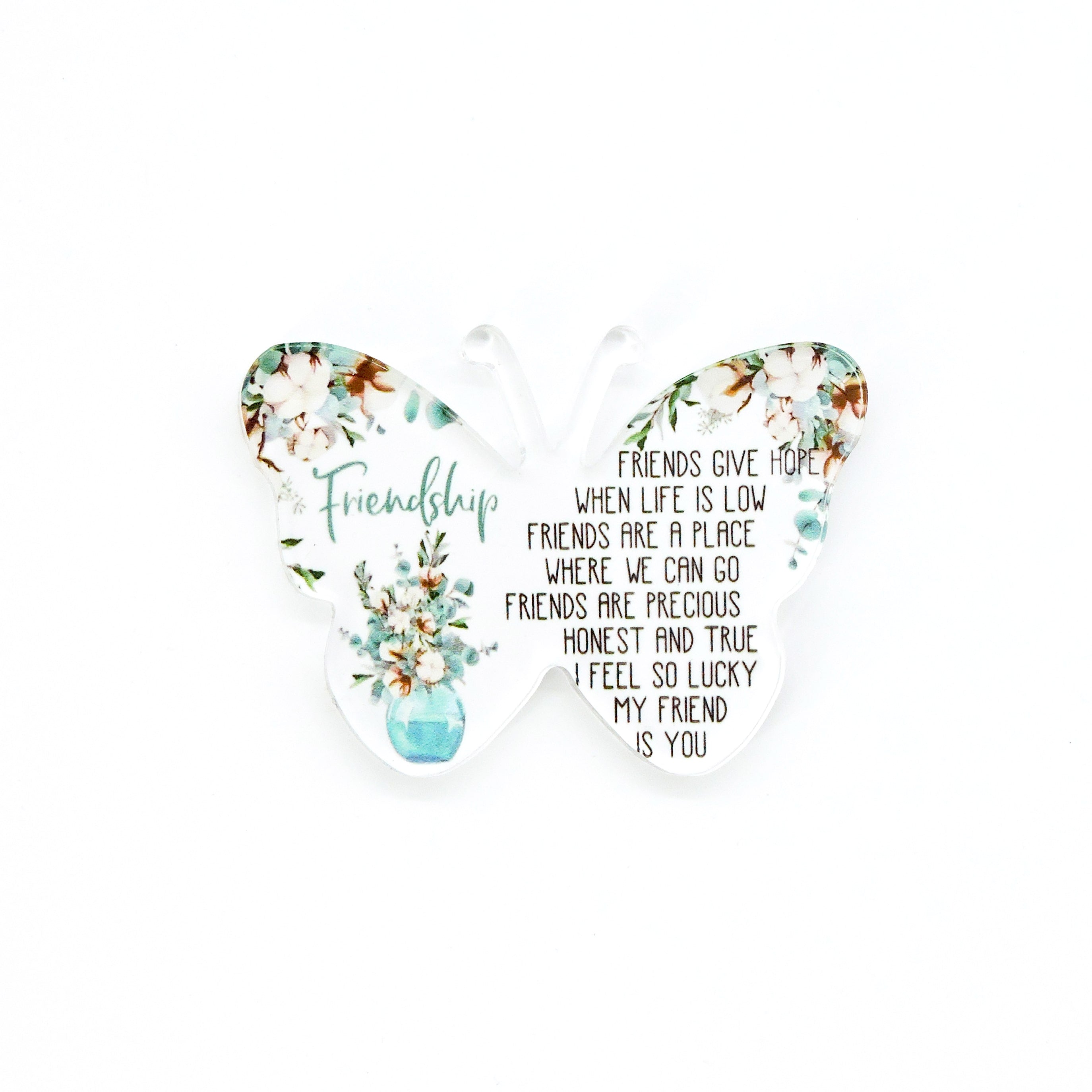 Butterfly Friendship Tray Keepsake with floral design and heartfelt poem, shaped like a butterfly, symbolizing friendship and appreciation. Perfect for gifting on special occasions.