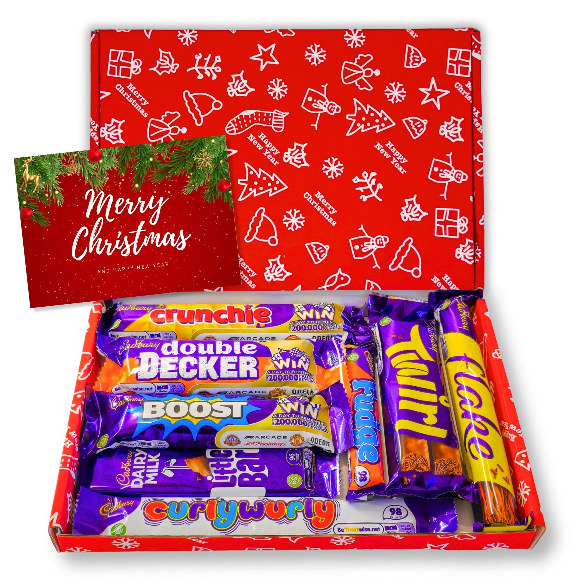 Christmas Chocolate Gift Box featuring assorted candy bars, ideal for holiday gifting. Perfect for stocking fillers and festive celebrations with loved ones.