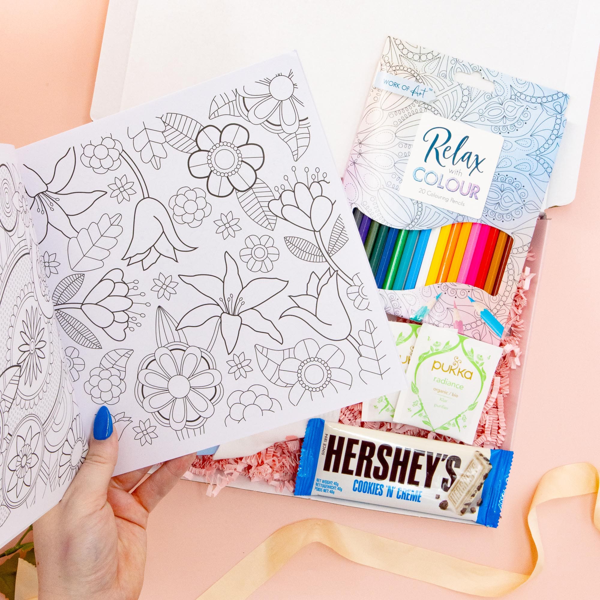 Gifts for Her – relaxing self care gift box with colouring pencils, herbal tea and cosy accessories