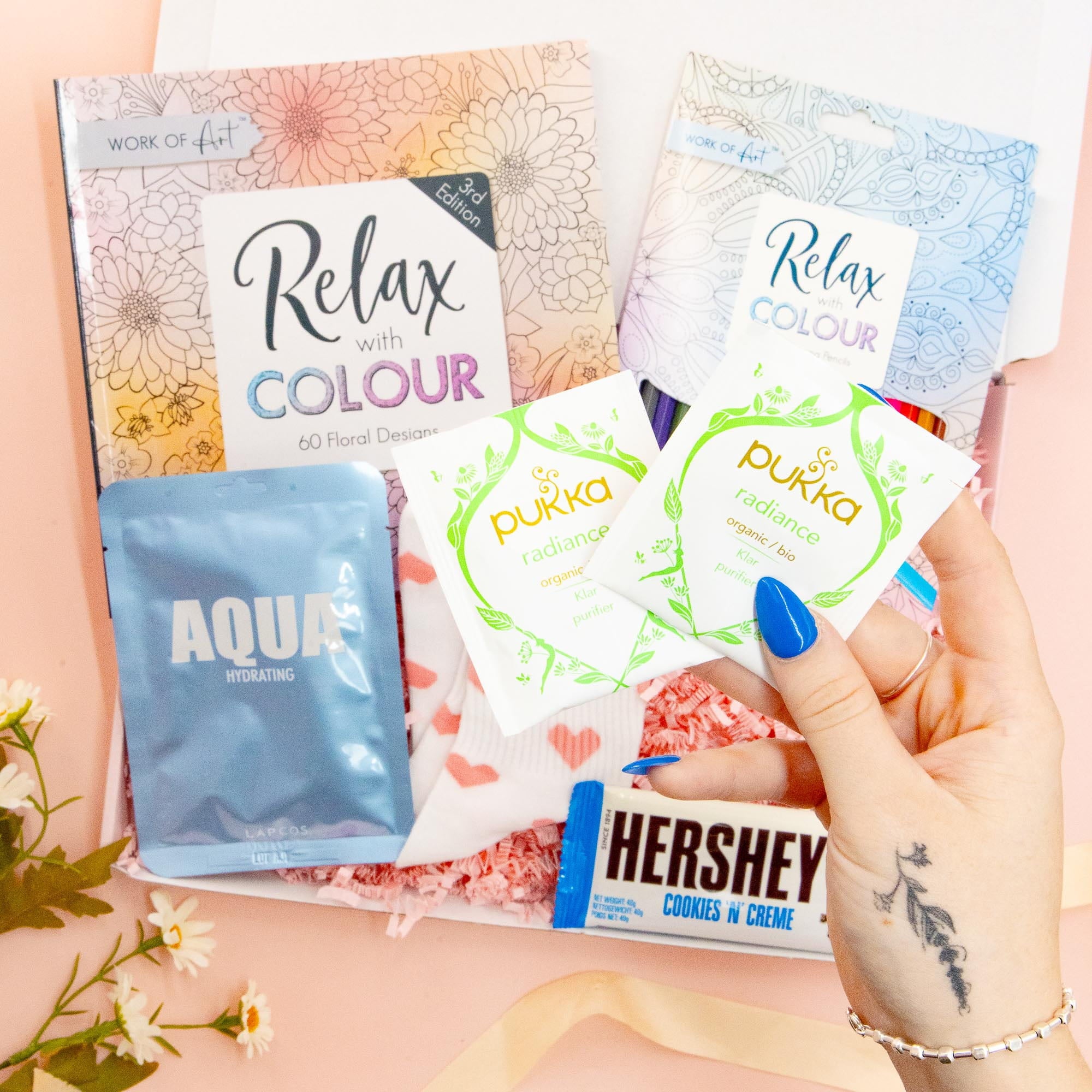 Gifts for Her – self care gift box with face mask, tea, chocolate and relaxation essentials