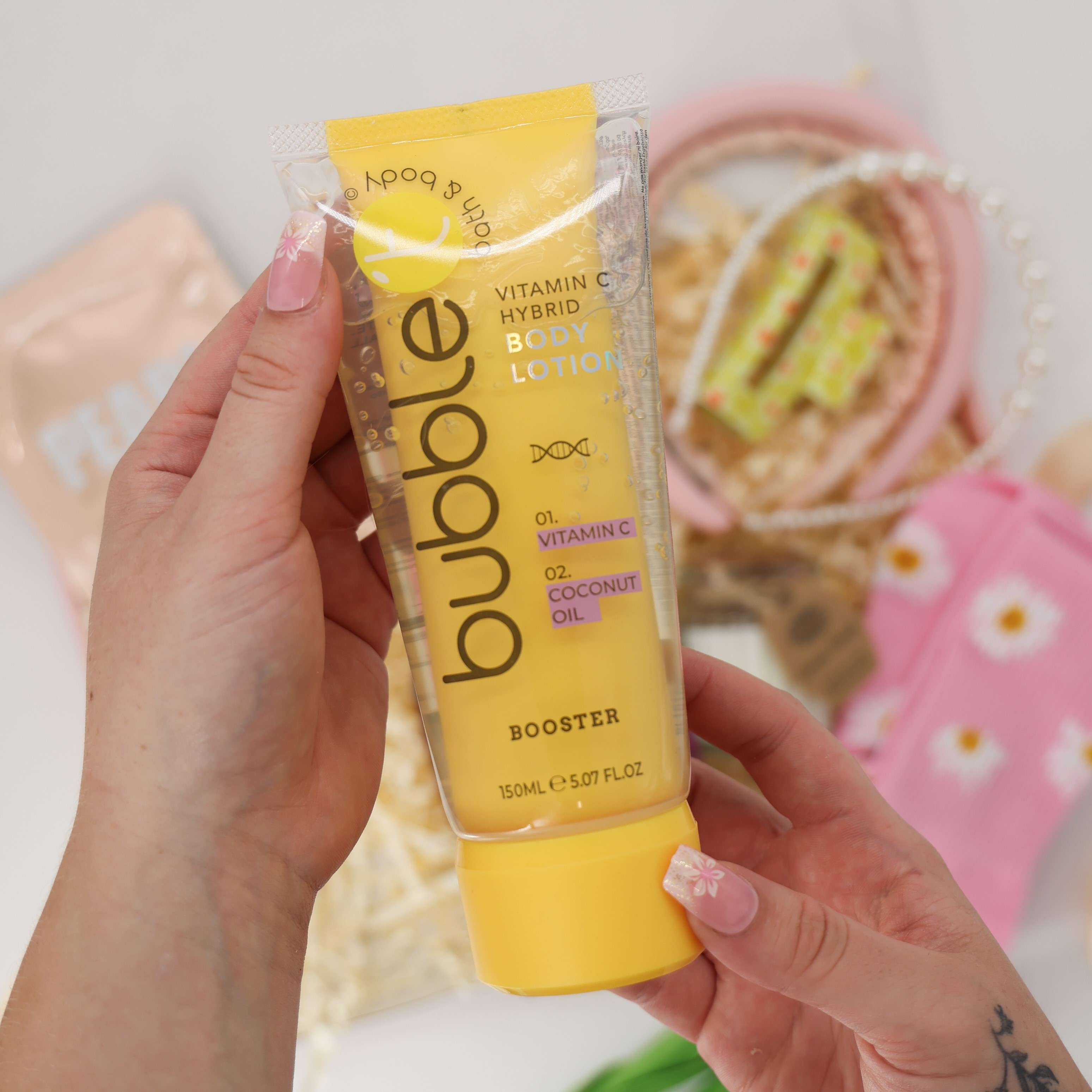 Fun self care gift – daisy socks, pearl headband, and chocolate bar