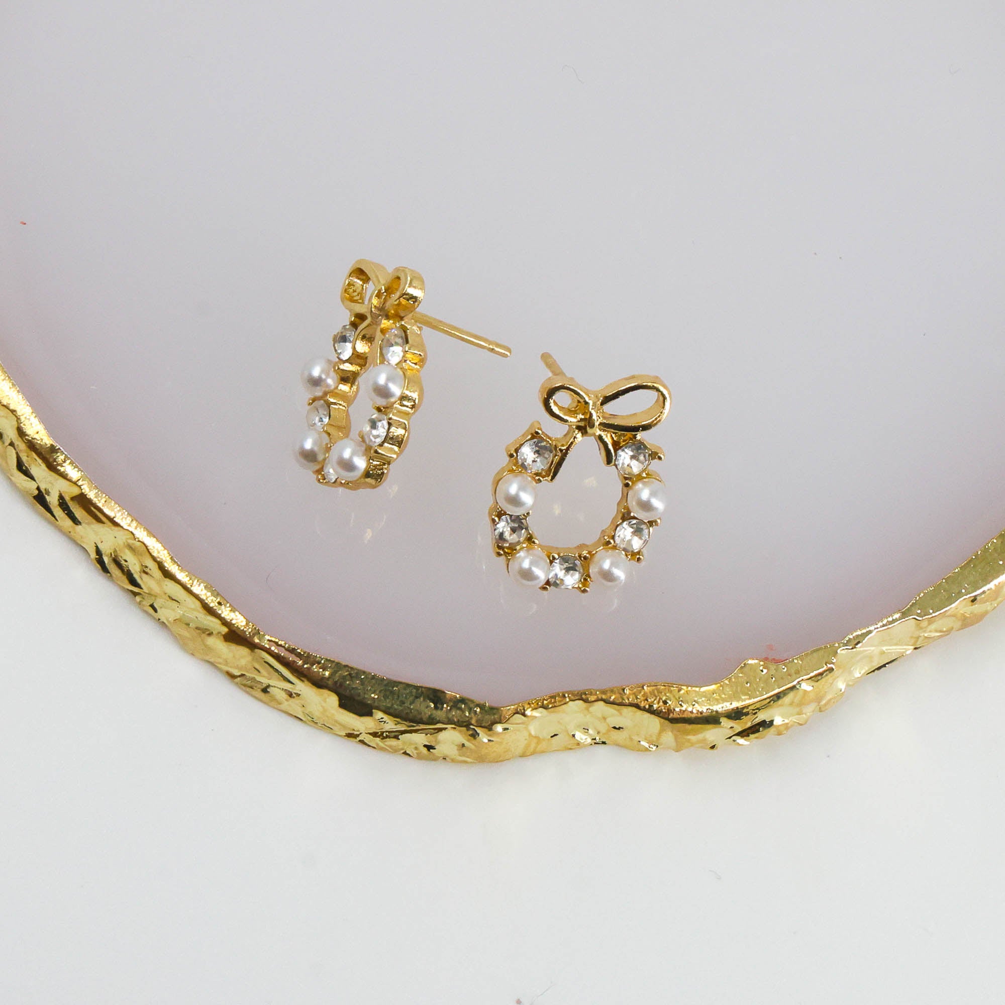 Gifts for Her – Pearl Wreath Earrings with pearls, crystals, and bow detail