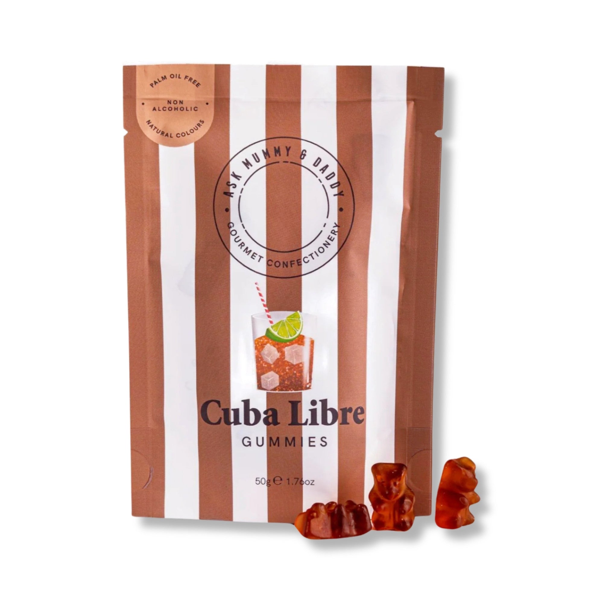 Cuba Libre Gummies close-up, showcasing gummy bears embodying cola, lime, and rum flavors, presented as non-alcoholic, gourmet treats with natural colors and palm oil-free ingredients.