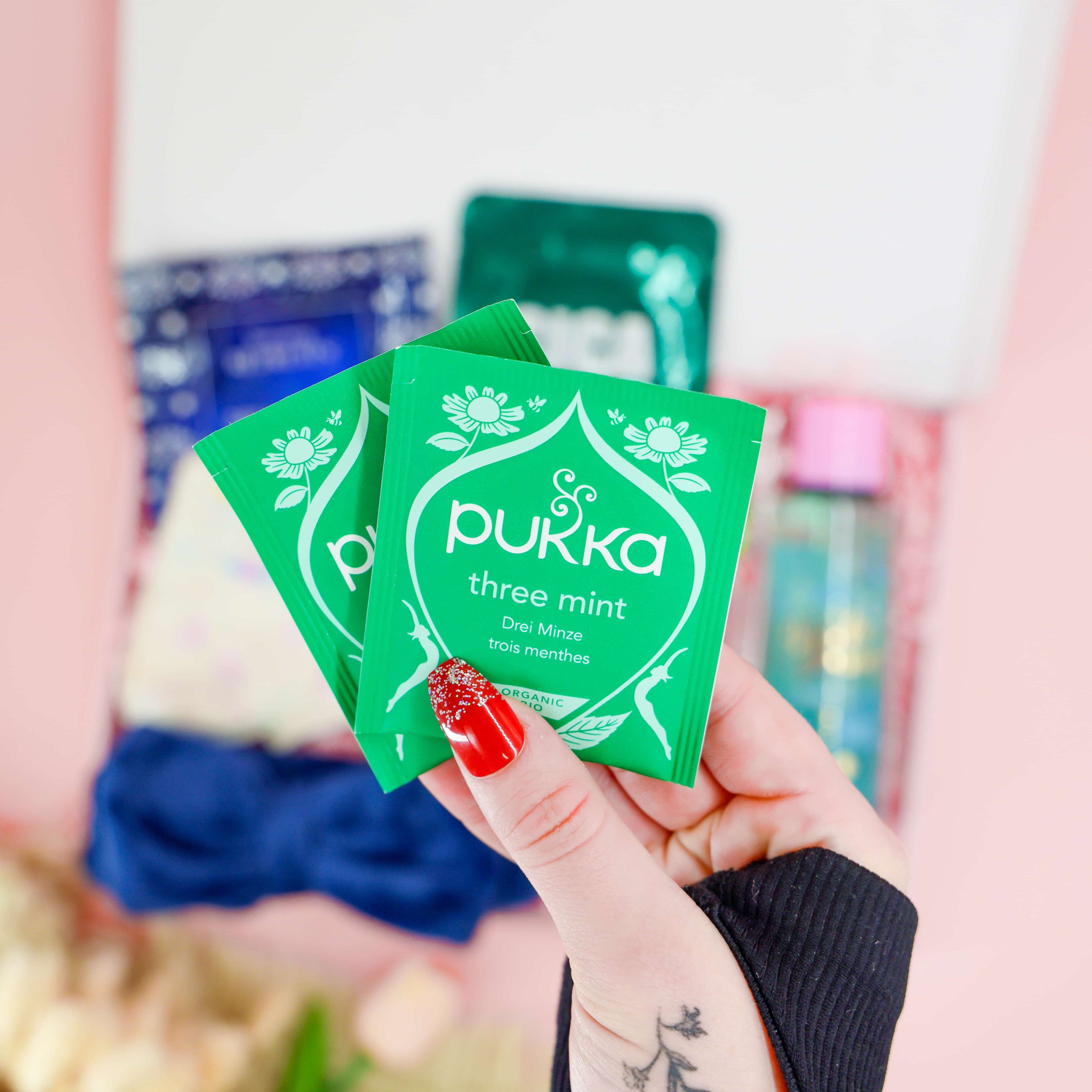 Pukka Three Mint tea sachets from the Dreamy Nights Vegan Self-Care gift box, a soothing bedtime gift for her.