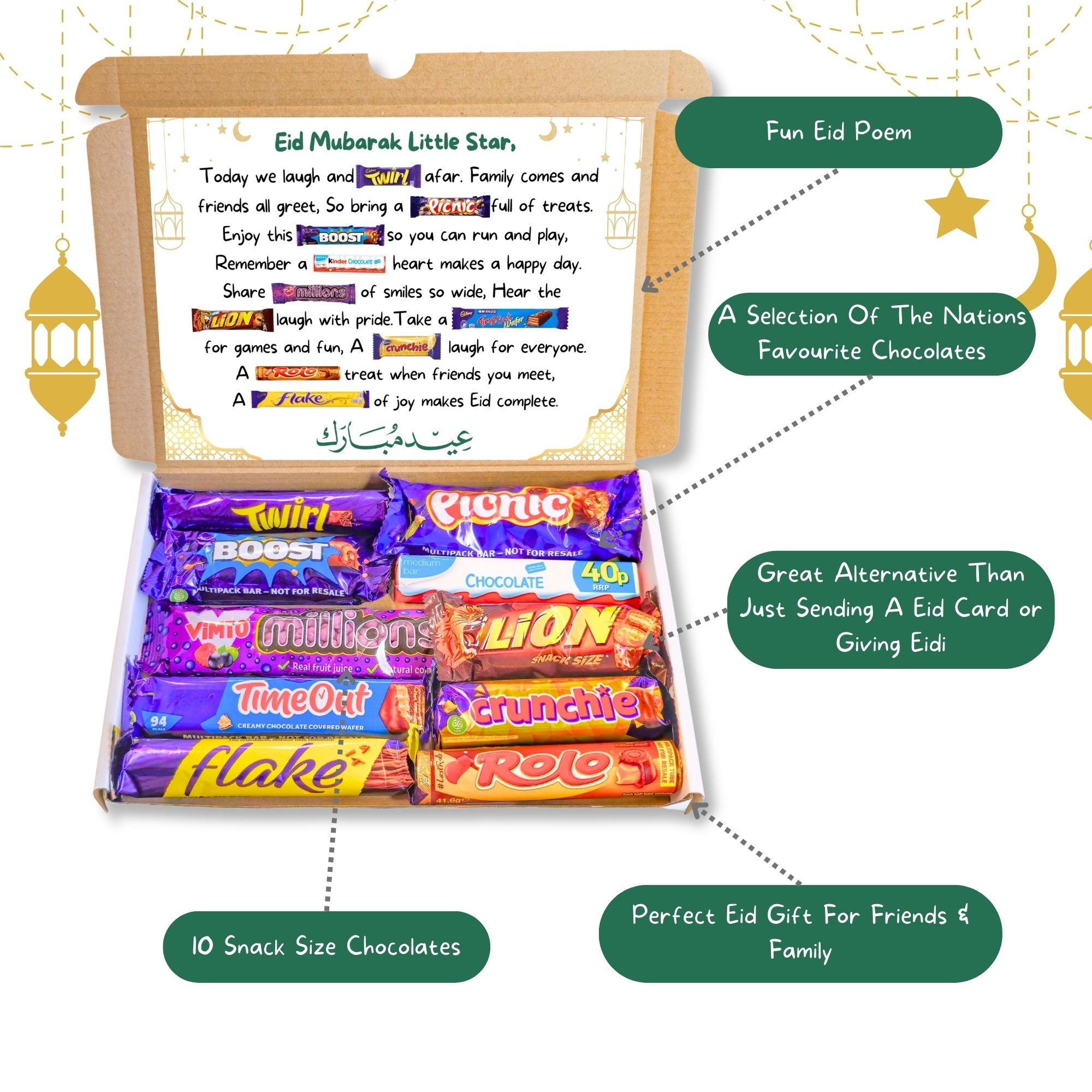 Eid Gifts for Her – festive chocolate gift box with assorted sweets and Eid Mubarak message