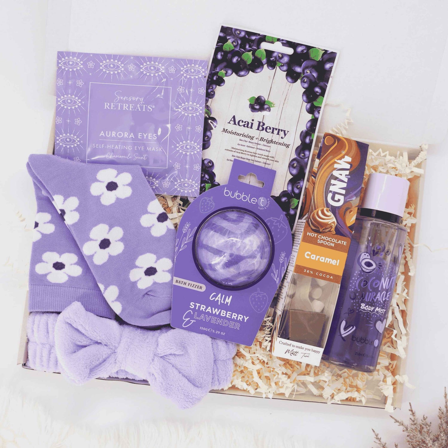 Evening Calm Gift Box – self care gifts with floral socks, lavender bath fizzer, and body mist
