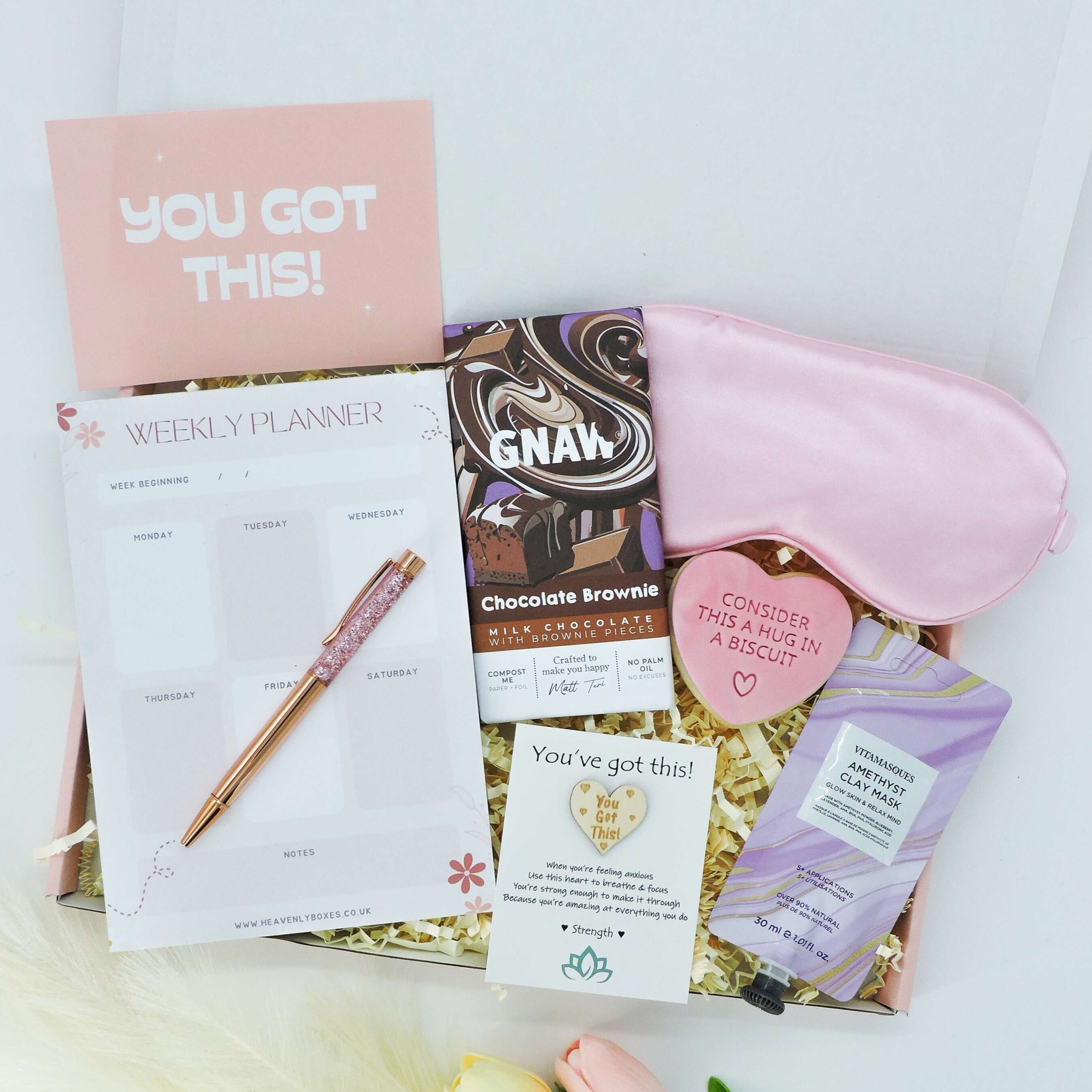 Exam Week Essentials – exam good luck gifts with a weekly planner, sweet treats, and calming self-care