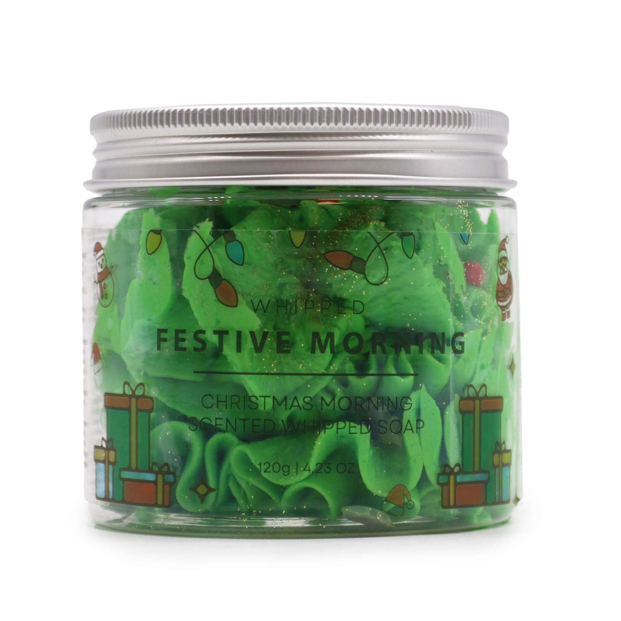 Festive Morning Scented Whipped Soap in a mason jar, featuring a velvety, glittery texture with sugar Christmas trees, perfect for holiday pampering.