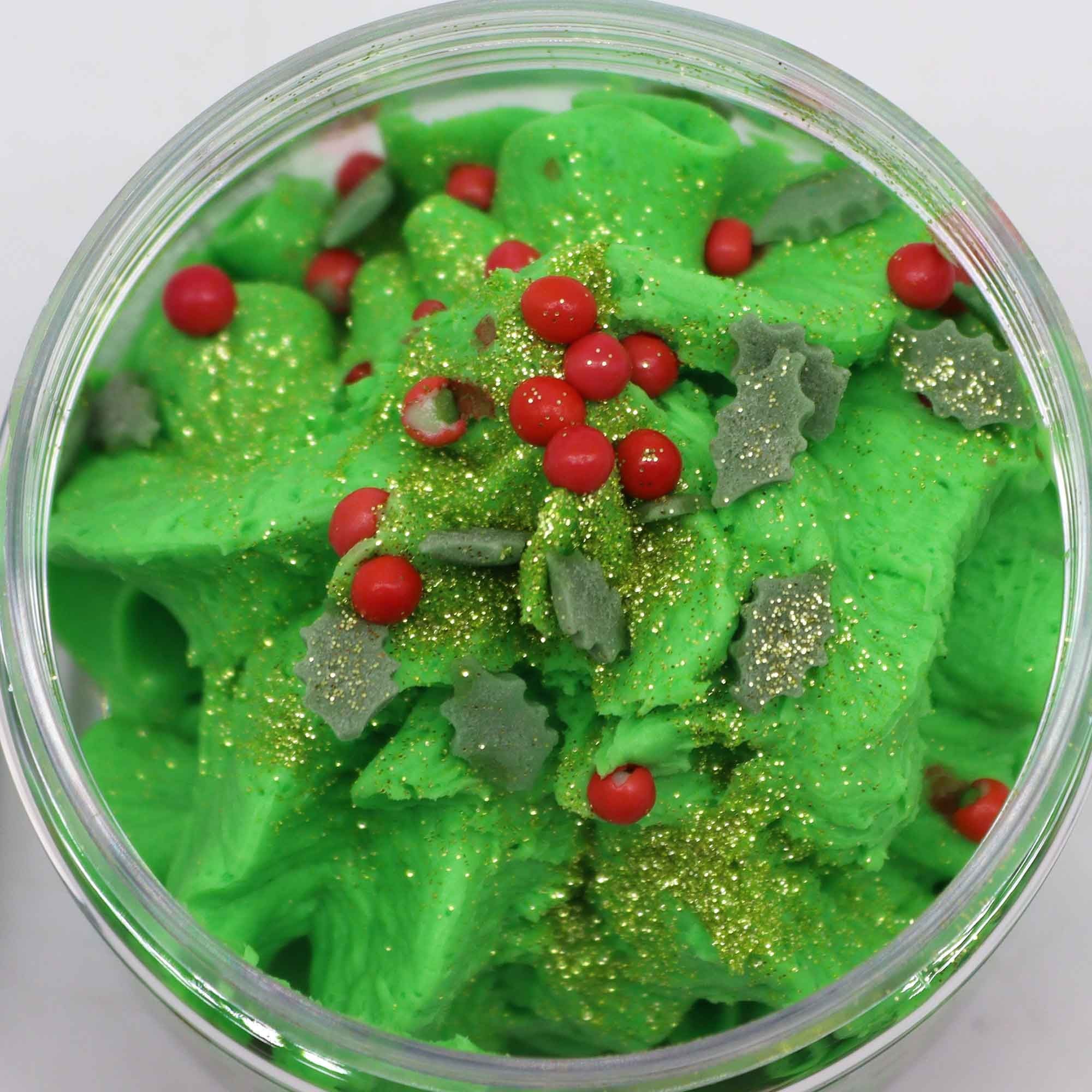 Festive Morning Scented Whipped Soap with velvety texture and glitter, featuring delicate sugar Christmas trees for a luxurious, moisturizing experience. Perfect festive gift.