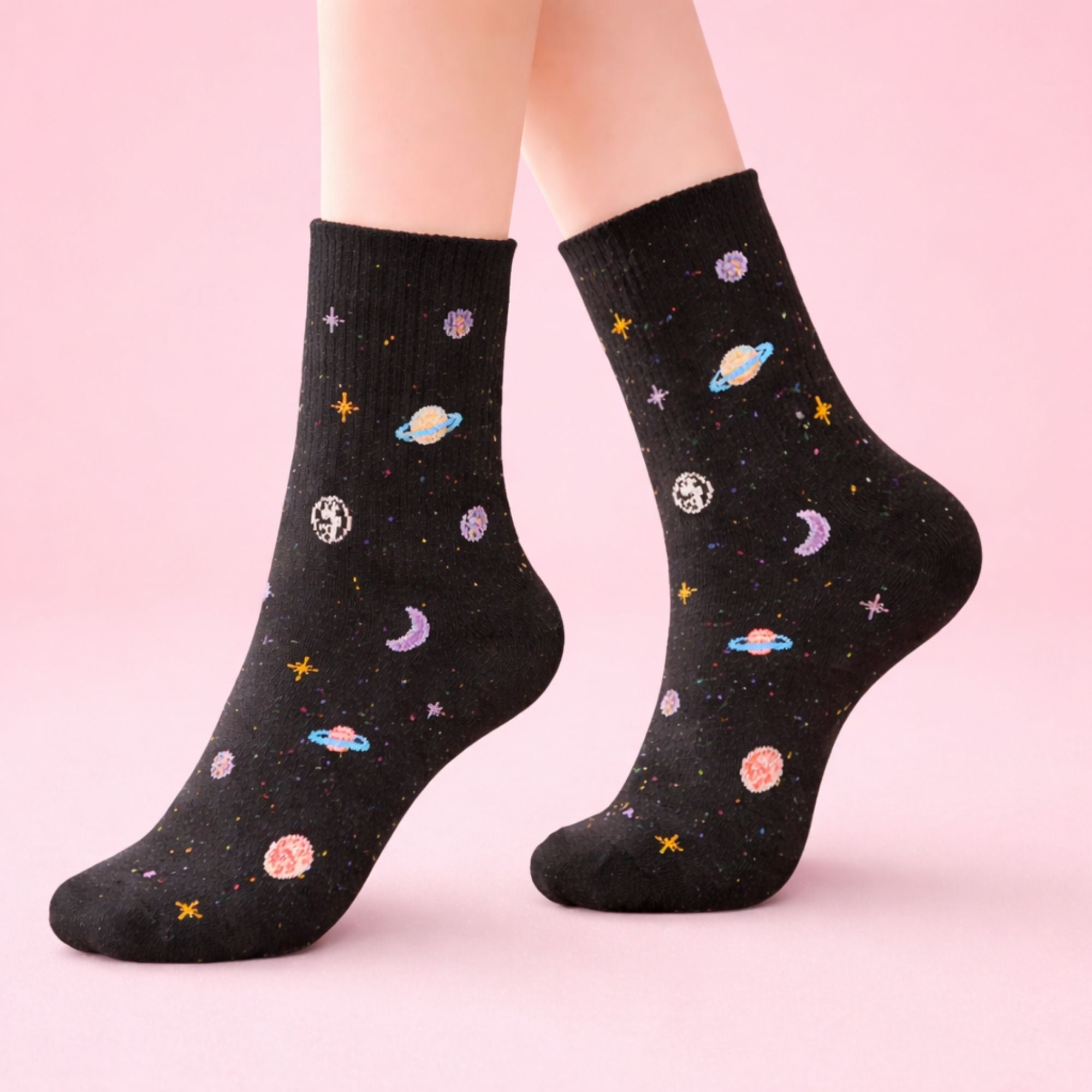 Galaxy Print Socks featuring a playful celestial design, blending cosmic motifs with cozy material, perfect for adding a space-inspired touch to outfits.