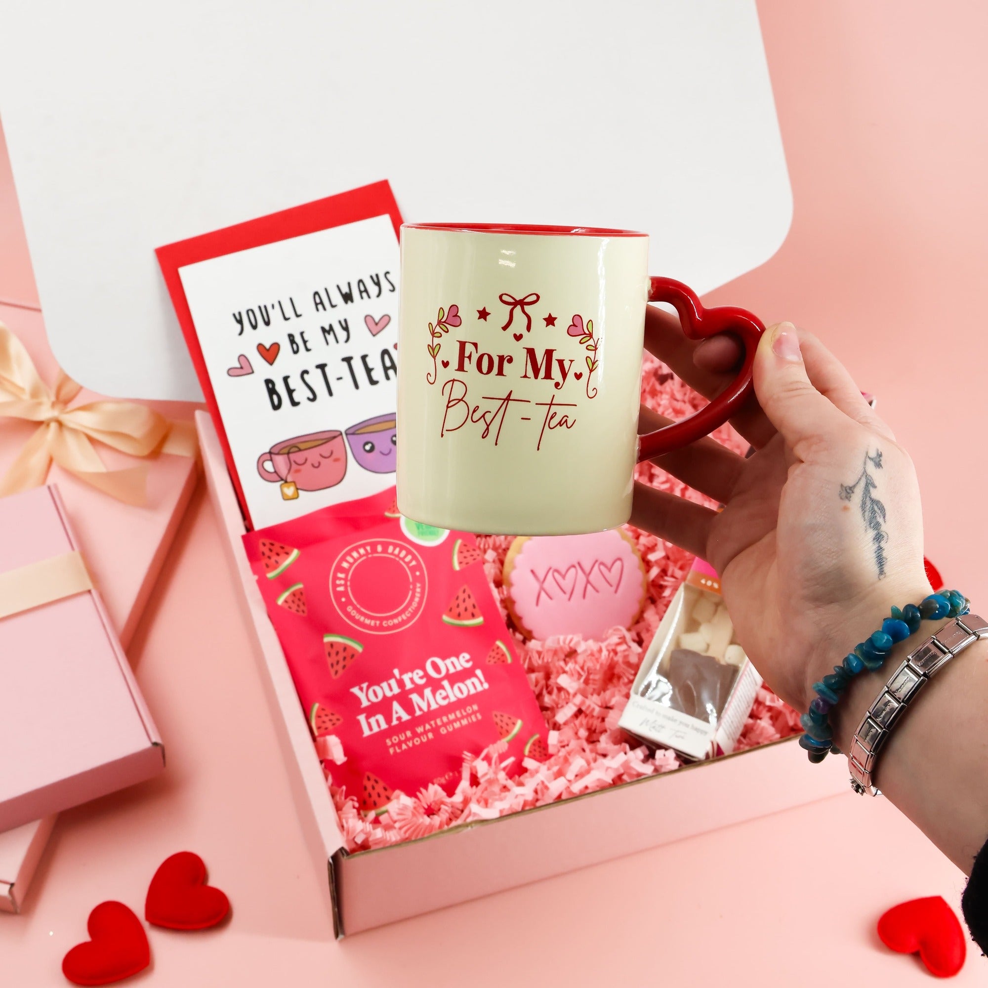 Galentines gift for her with cosy mug, chocolate spoon and playful treats
