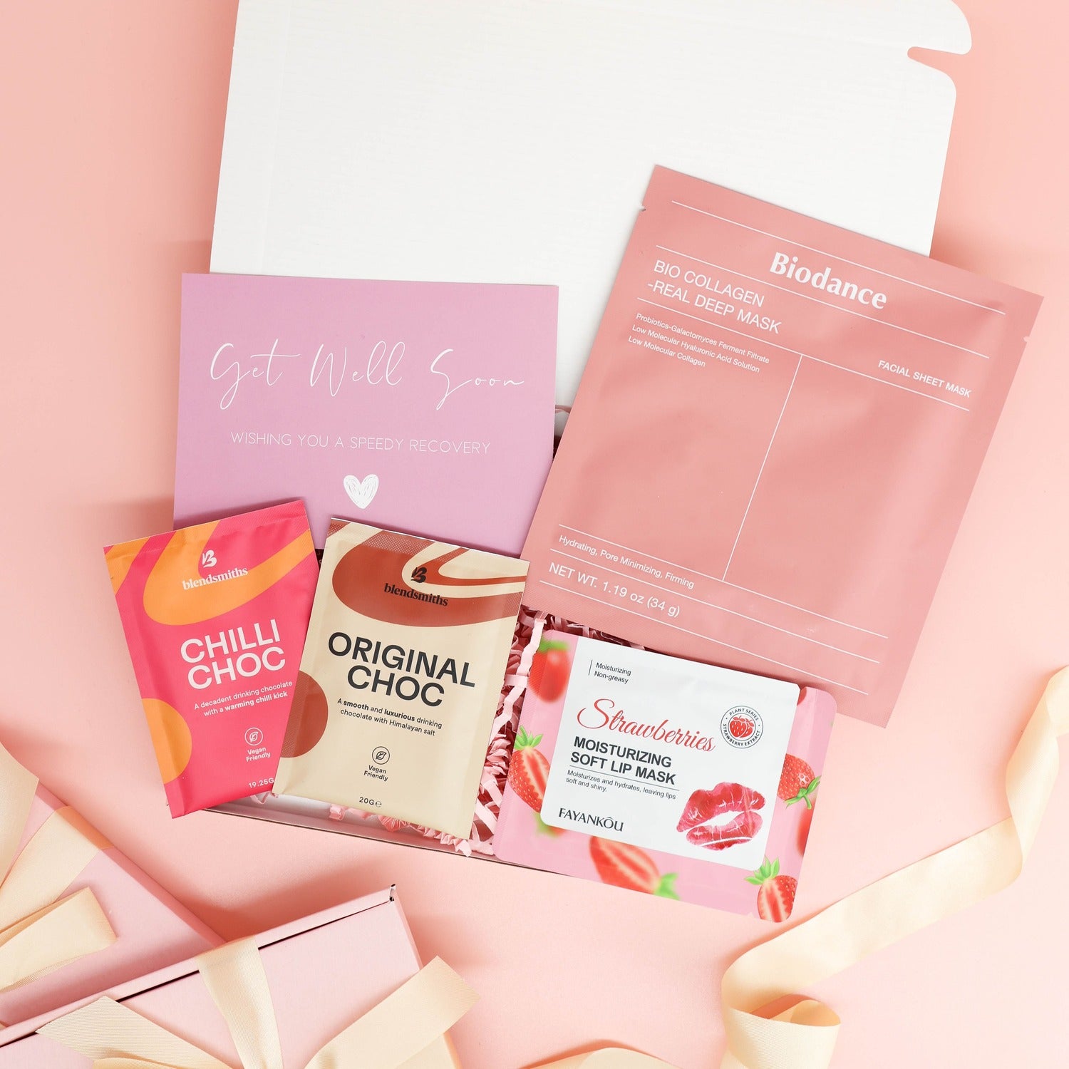 get well soon gift – Feel Better Soon Care Package with hot chocolate, face mask and strawberry lip mask