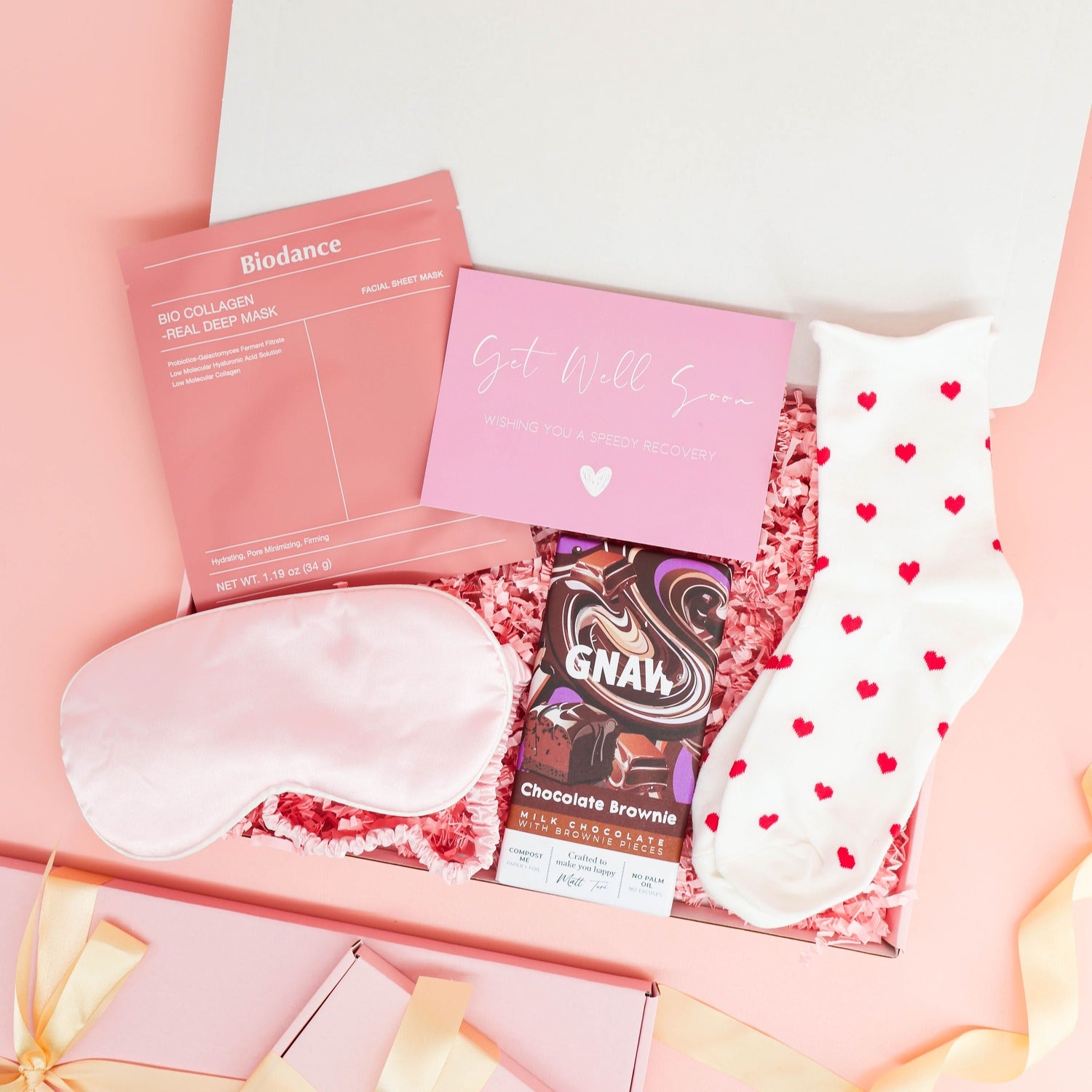 get well soon gift – Ultimate Pick Me Up Treat Box with sleep mask, face mask, socks and chocolate