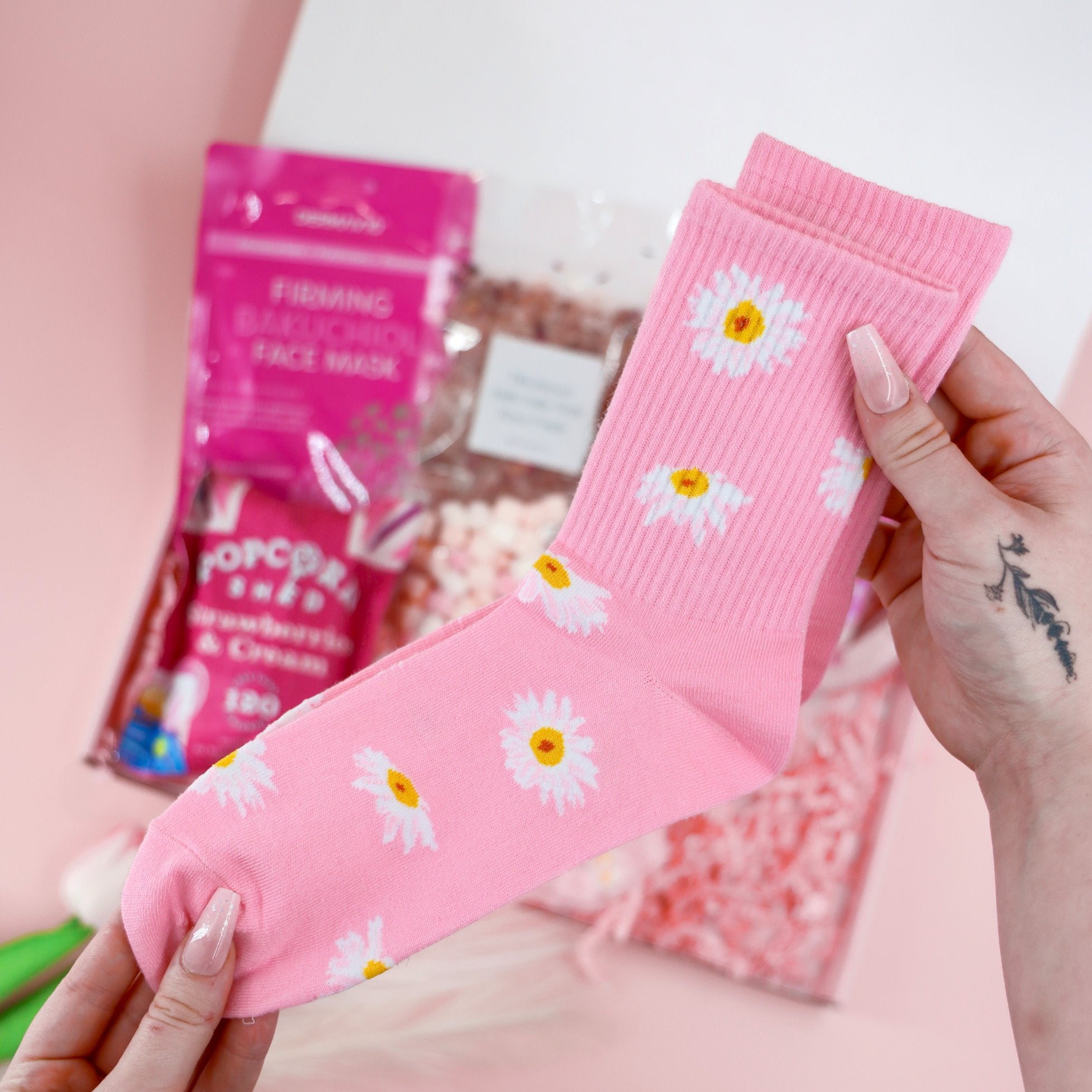 Gifts for her – Pink Pamper Gift Box with cosy socks, scrunchie, and skincare
