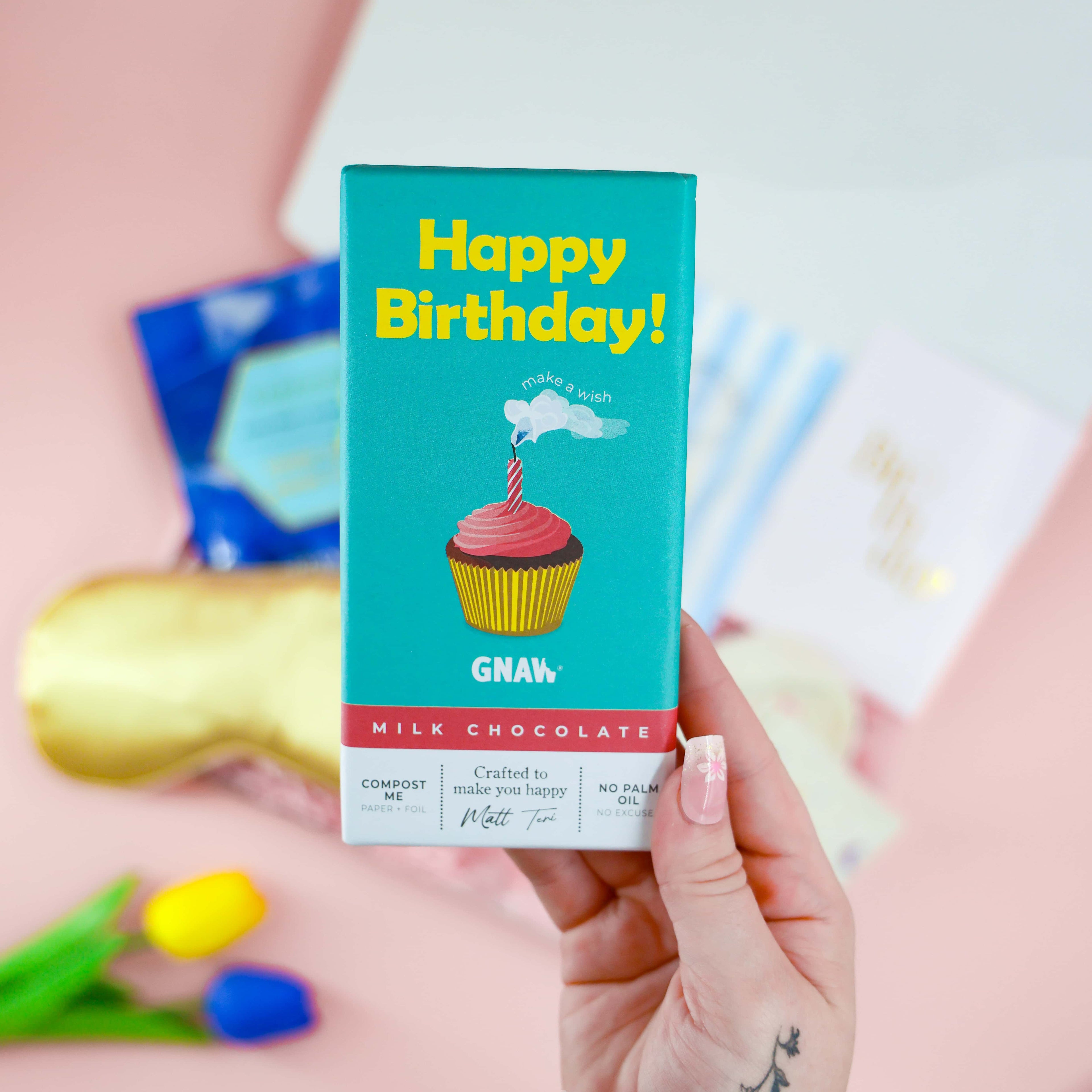 Happy Birthday chocolate bar with cupcake design, included in the Gin Fizz Birthday Box – fun and thoughtful birthday treat for her