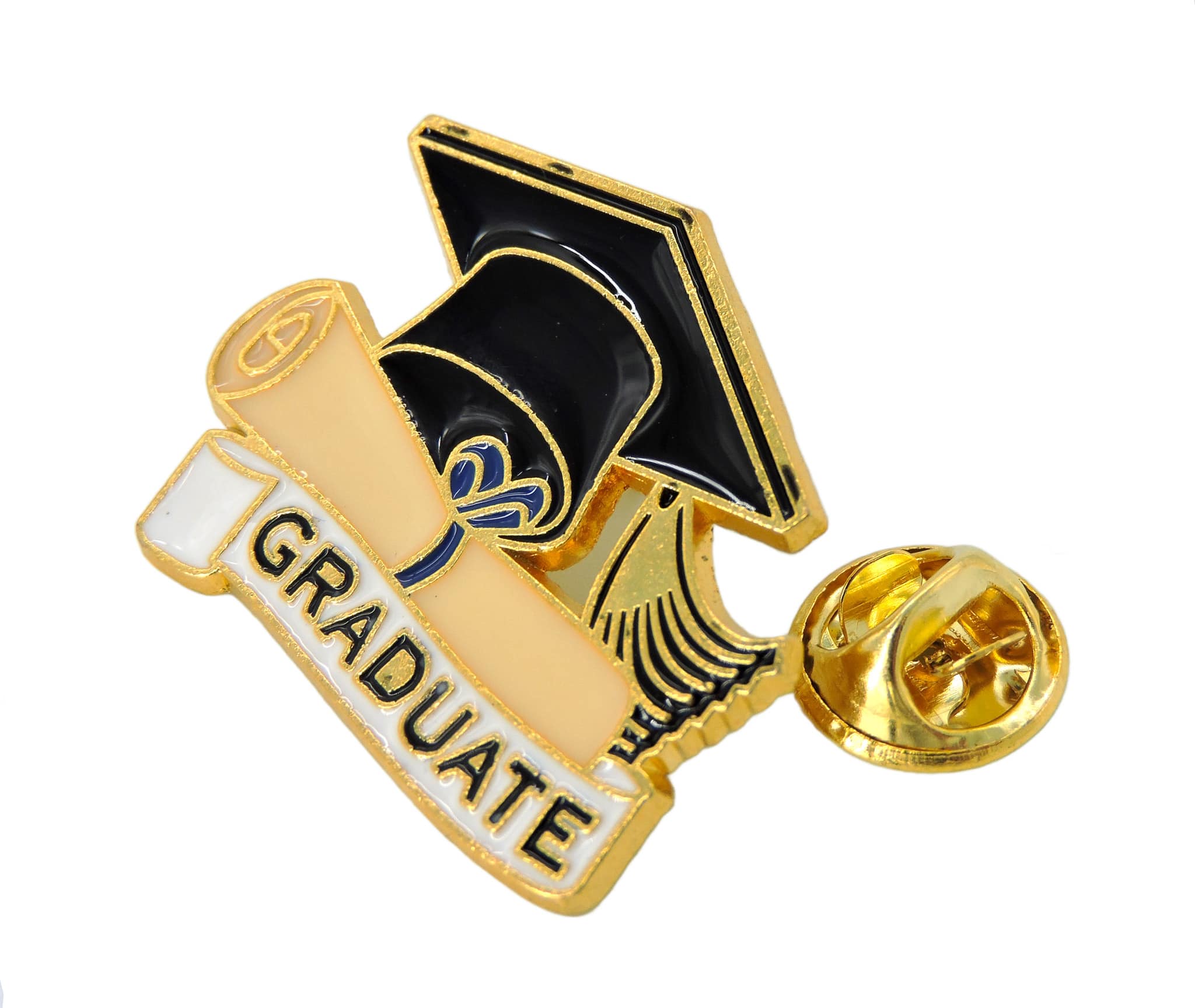 Graduate Pin featuring a graduation cap and diploma emblem, crafted from metal with a gold finish for celebrating academic achievements.