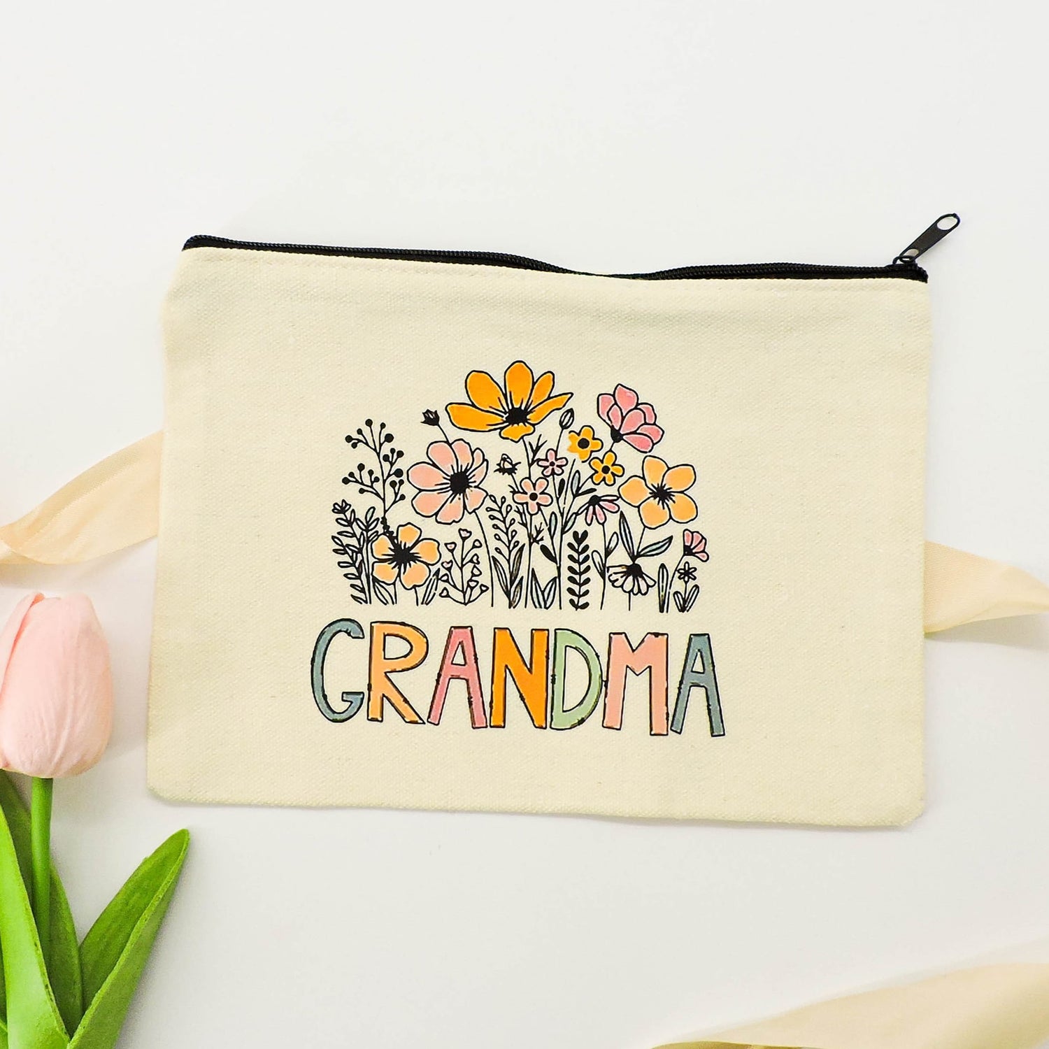 Grandma Floral Pouch featuring embroidered floral design, ideal for storing essentials, making it a perfect gift for occasions like Mother’s Day or birthdays.
